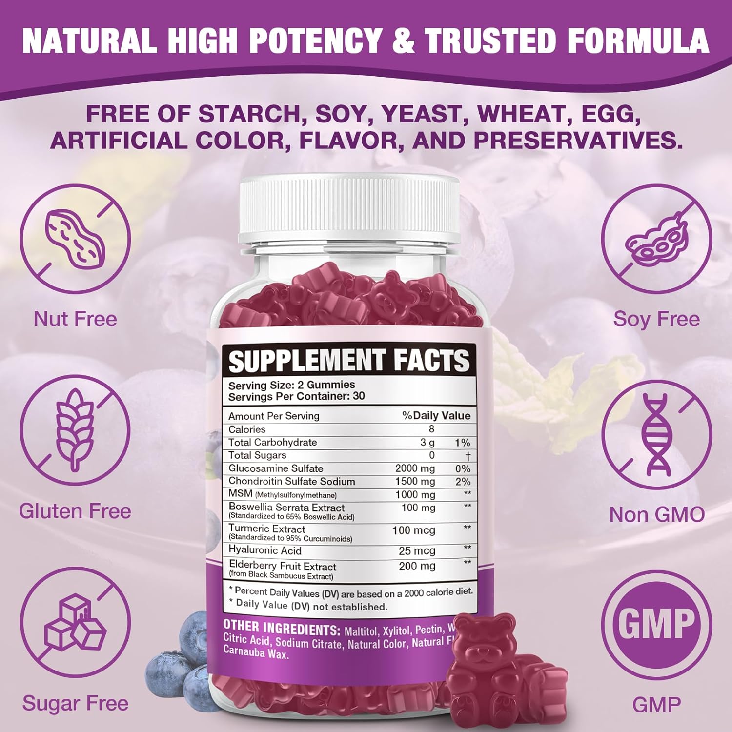 Sugar Free Glucosamine Chondroitin Gummies - 2000mg Extra Strength with MSM, Turmeric - Joint Support & Antioxidant Immune Boost - 60 Gummies