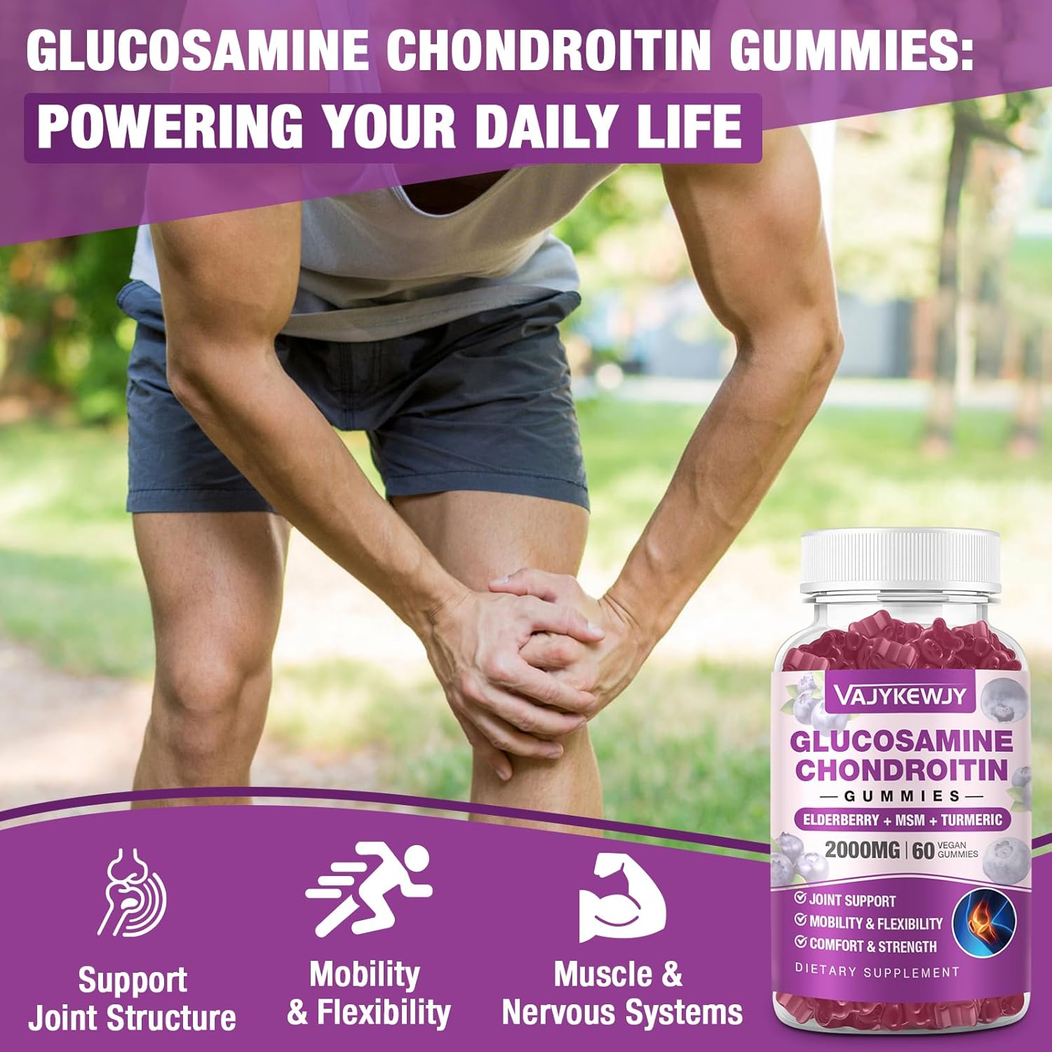 Sugar Free Glucosamine Chondroitin Gummies - 2000mg Extra Strength with MSM, Turmeric - Joint Support & Antioxidant Immune Boost - 60 Gummies