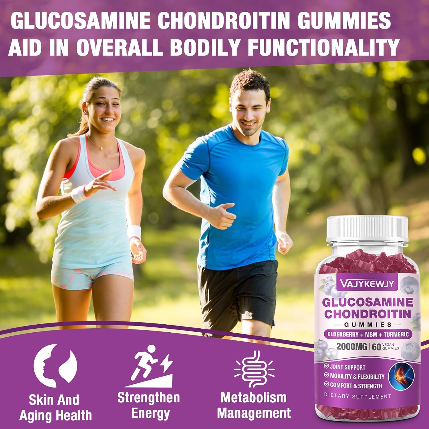 Sugar Free Glucosamine Chondroitin Gummies - 2000mg Extra Strength with MSM, Turmeric - Joint Support & Antioxidant Immune Boost - 60 Gummies