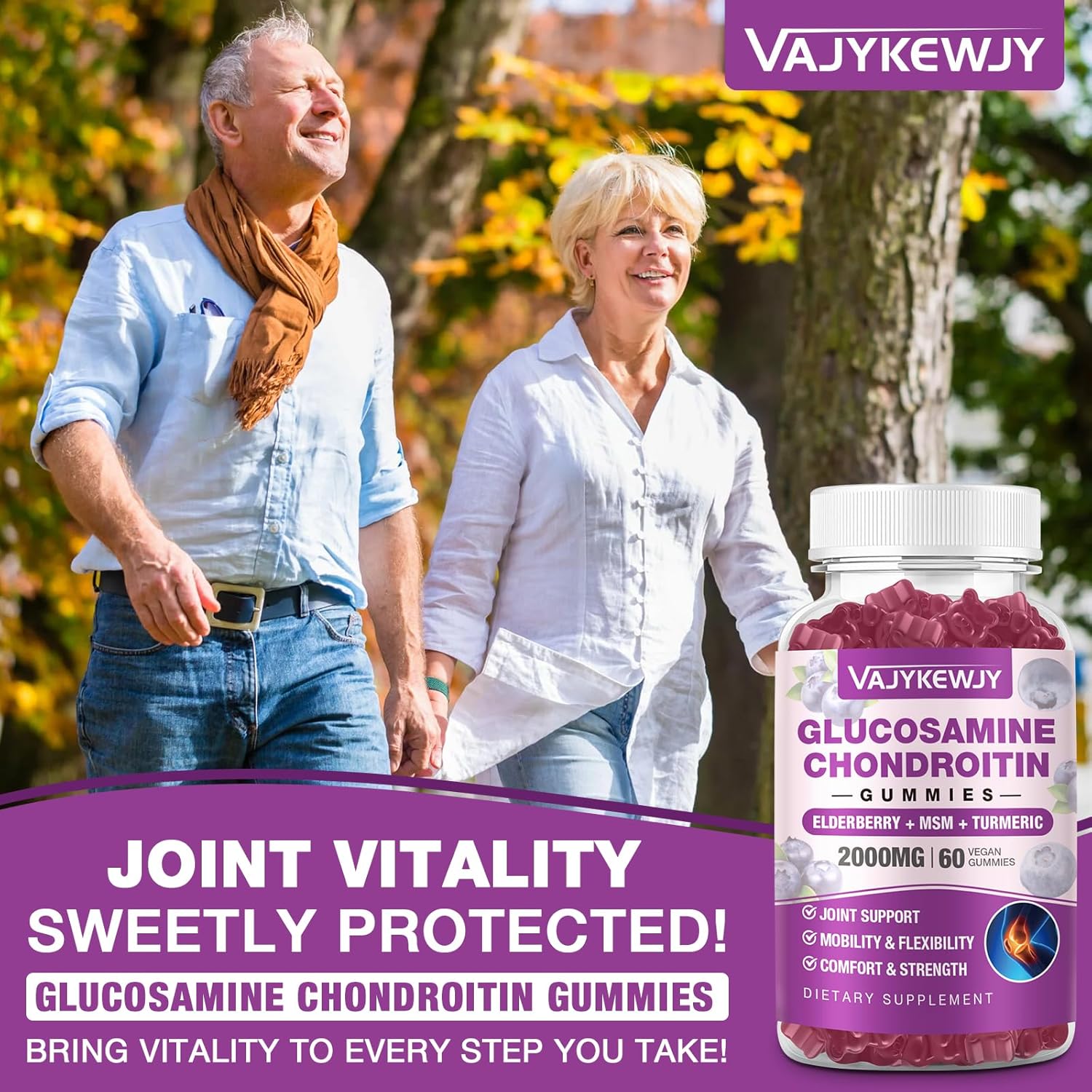 Sugar Free Glucosamine Chondroitin Gummies - 2000mg Extra Strength with MSM, Turmeric - Joint Support & Antioxidant Immune Boost - 60 Gummies
