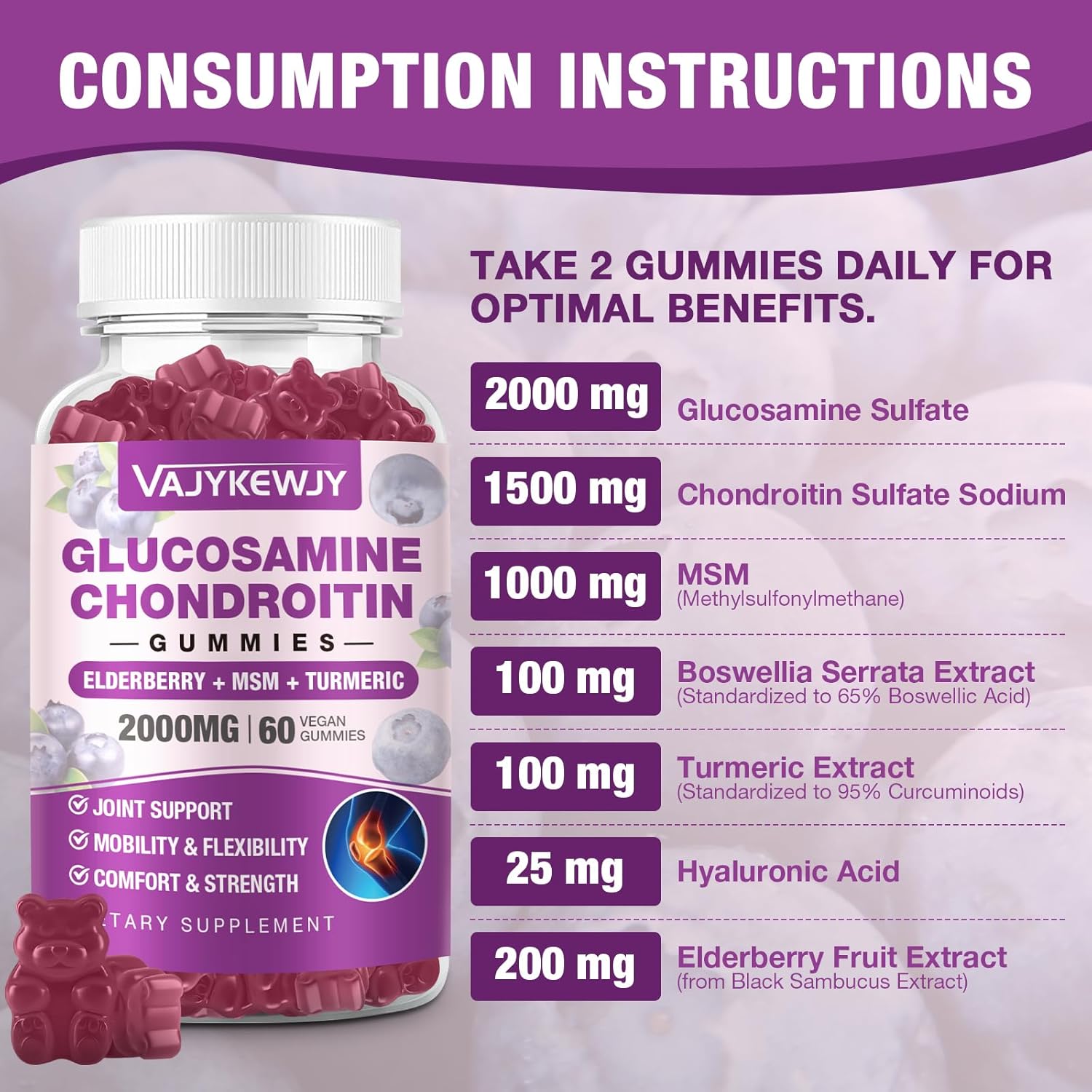 Sugar Free Glucosamine Chondroitin Gummies - 2000mg Extra Strength with MSM, Turmeric - Joint Support & Antioxidant Immune Boost - 60 Gummies