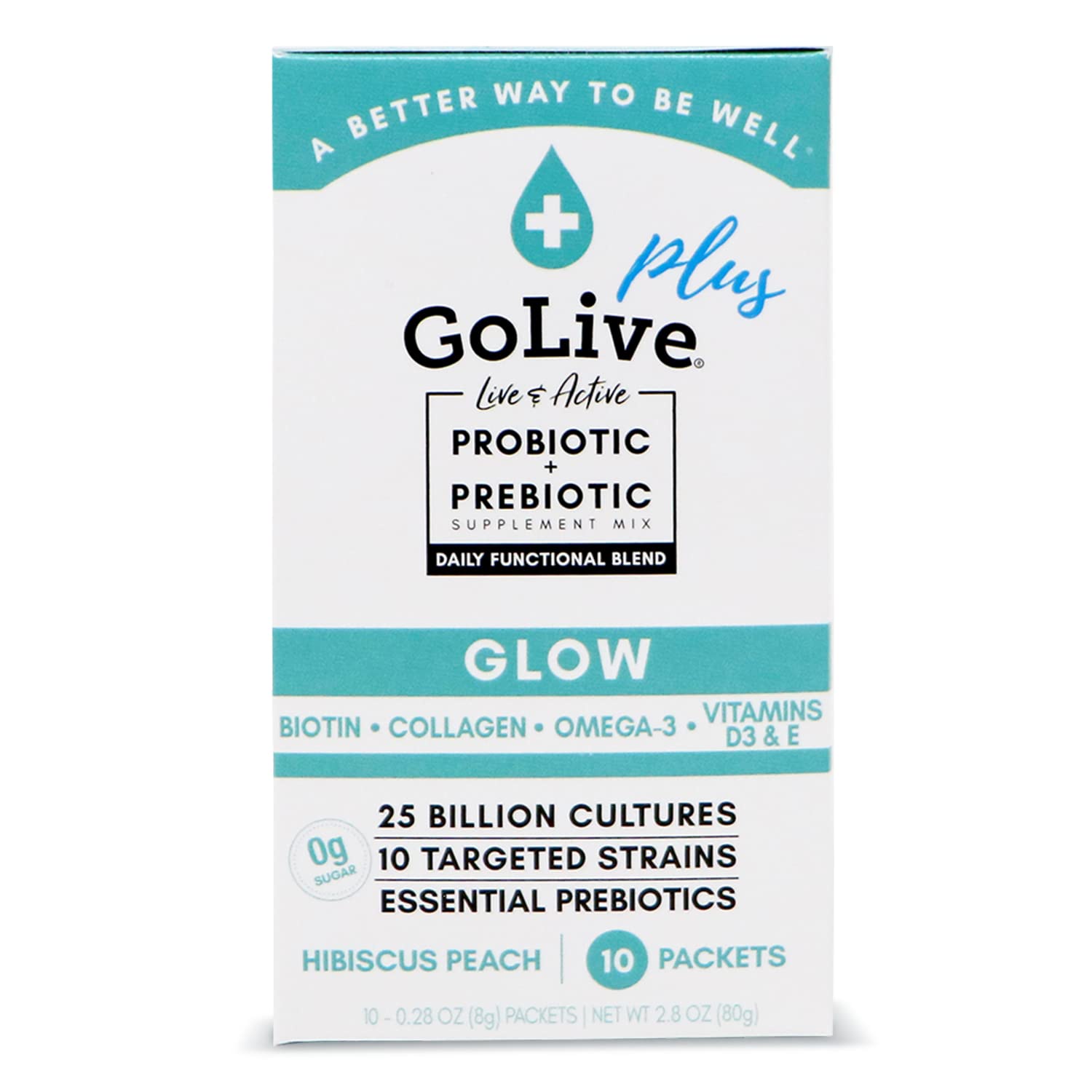 Sugar-Free GoLive Probiotics & Prebiotics Powder for Healthy Beauty Glow - 25 Billion CFUs, 10 Clinical Strains - Women and Men, Immune & Digestive Health - 10 Count Pack