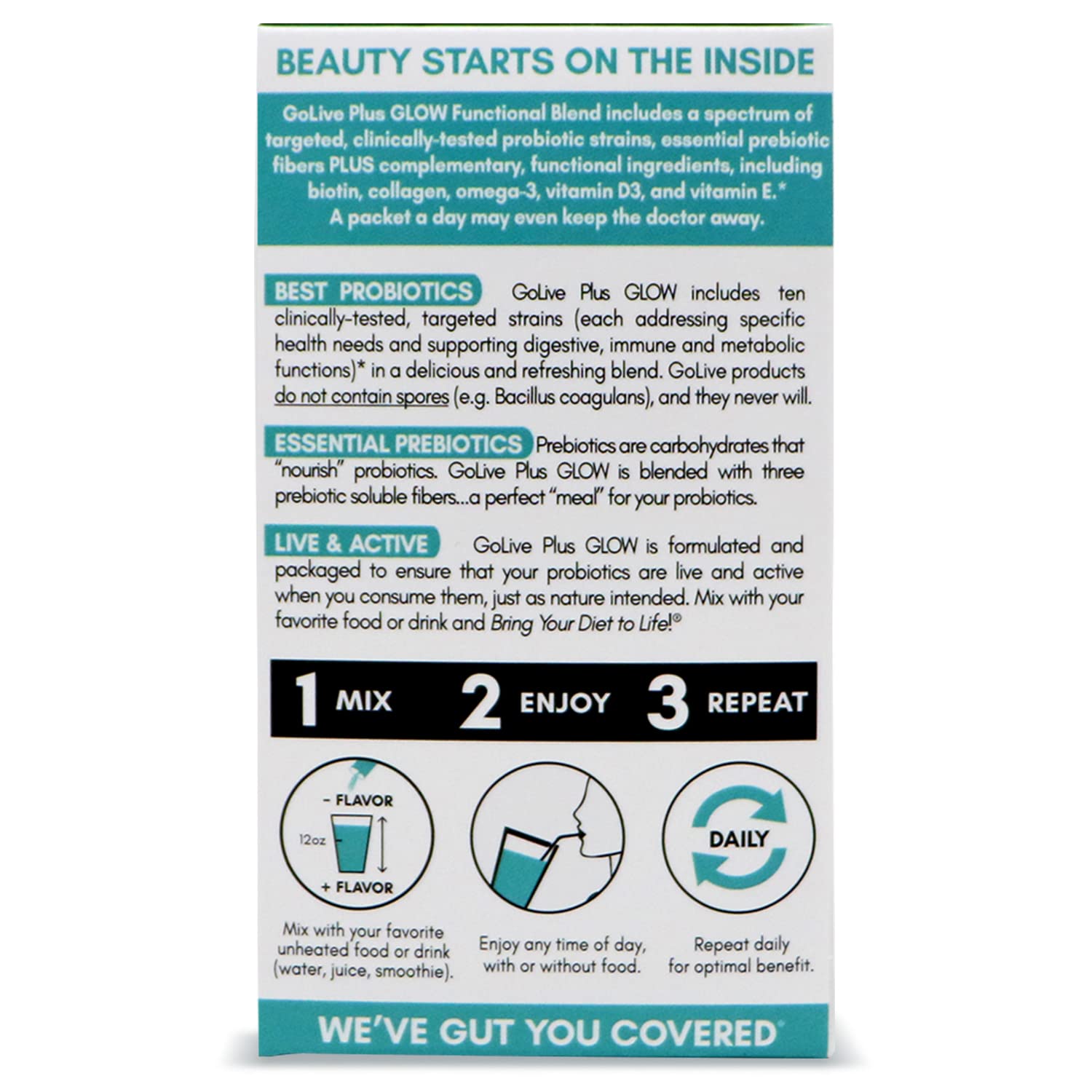 Sugar-Free GoLive Probiotics & Prebiotics Powder for Healthy Beauty Glow - 25 Billion CFUs, 10 Clinical Strains - Women and Men, Immune & Digestive Health - 10 Count Pack