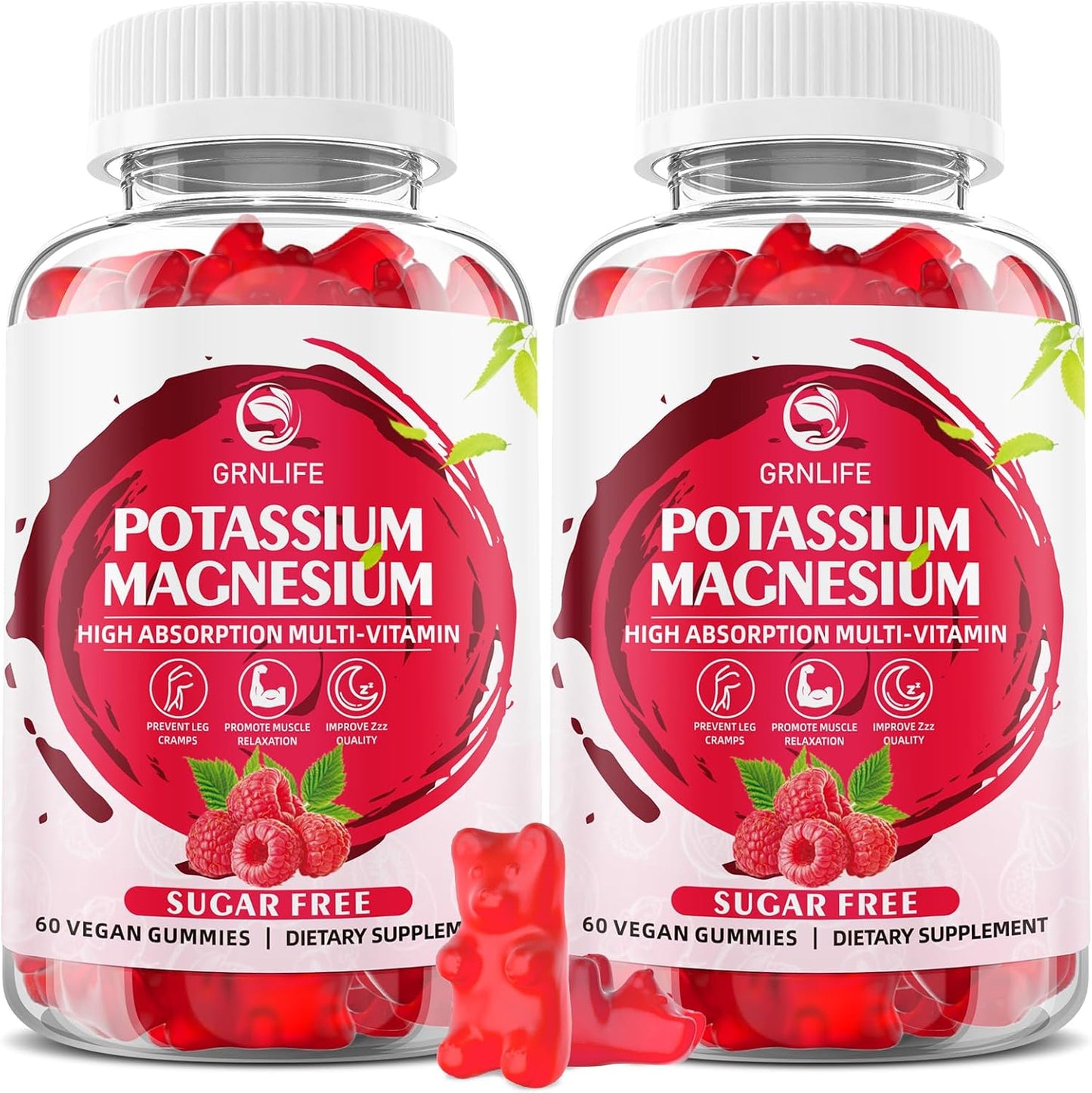 Sugar-Free GrnLife Potassium Magnesium Gummies - Raspberry Flavored Supplement for Leg Cramps and Immune Health - 120 Count