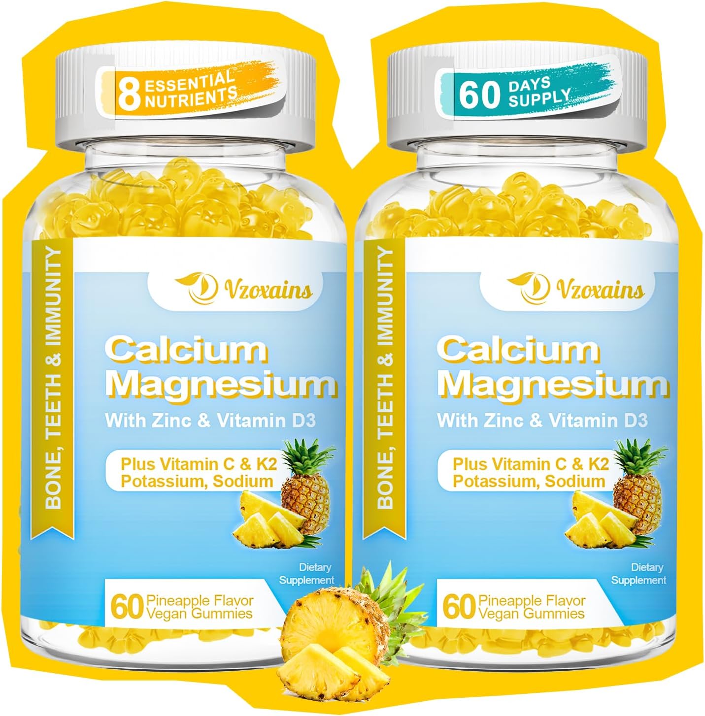 Sugar-Free High Absorption Calcium Gummies with Vitamin D3 for Bone Strength - Vegan Pineapple Flavor - 120 Count