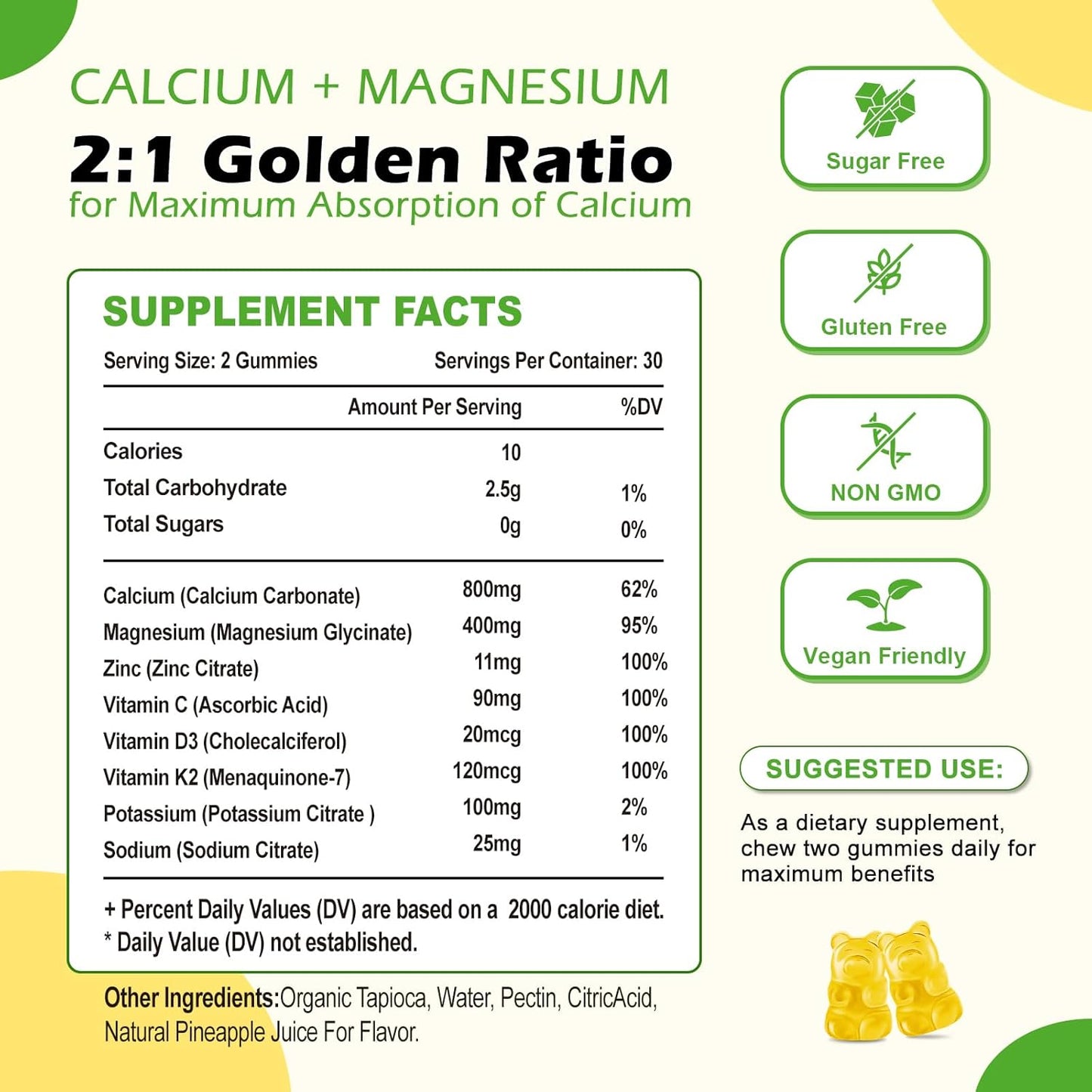 Sugar-Free High Absorption Calcium Gummies with Vitamin D3 for Bone Strength - Vegan Pineapple Flavor - 120 Count