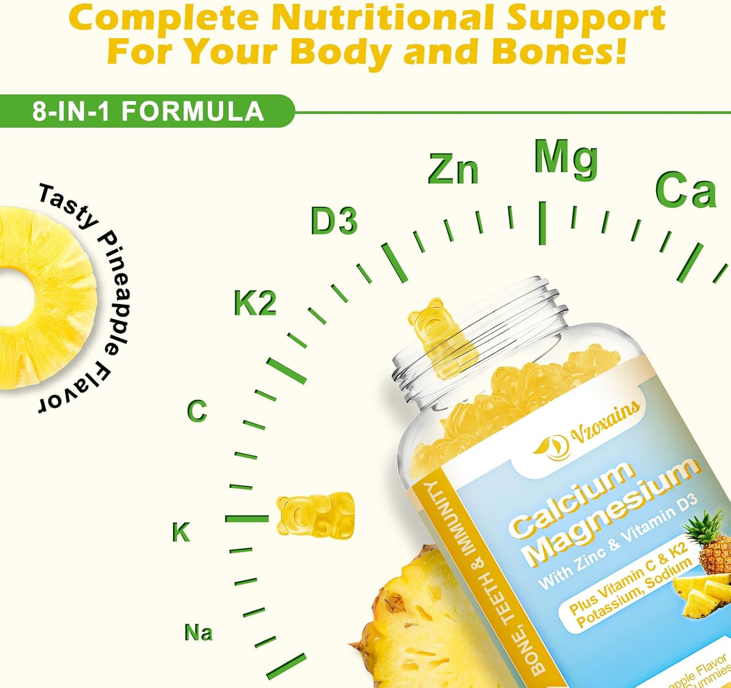 Sugar-Free High Absorption Calcium Gummies with Vitamin D3 for Bone Strength - Vegan Pineapple Flavor - 120 Count