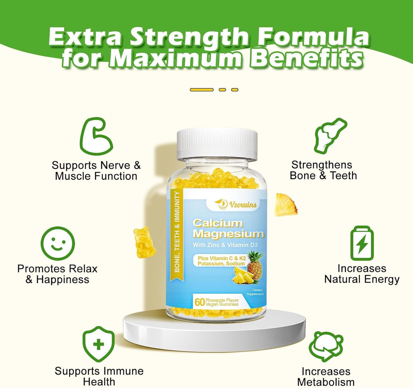 Sugar-Free High Absorption Calcium Gummies with Vitamin D3 for Bone Strength - Vegan Pineapple Flavor - 120 Count