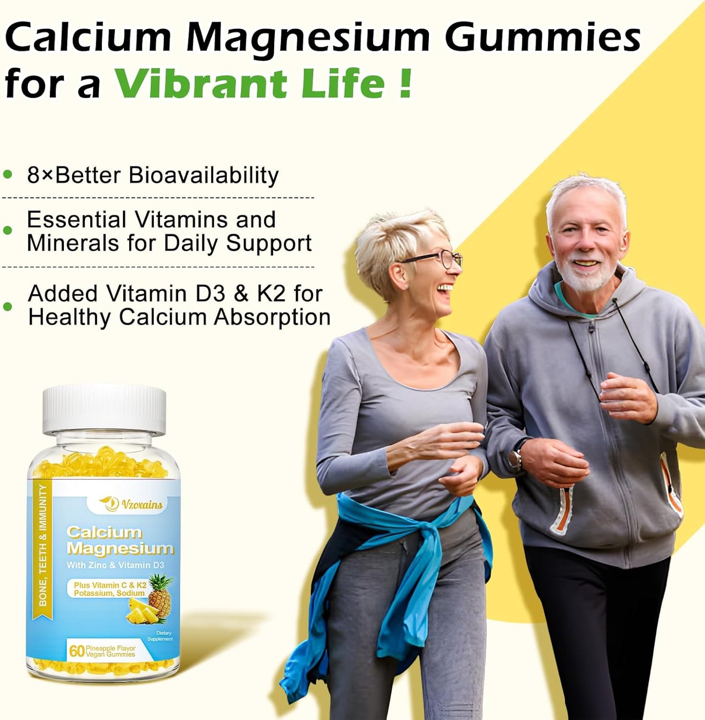 Sugar-Free High Absorption Calcium Gummies with Vitamin D3 for Bone Strength - Vegan Pineapple Flavor - 120 Count