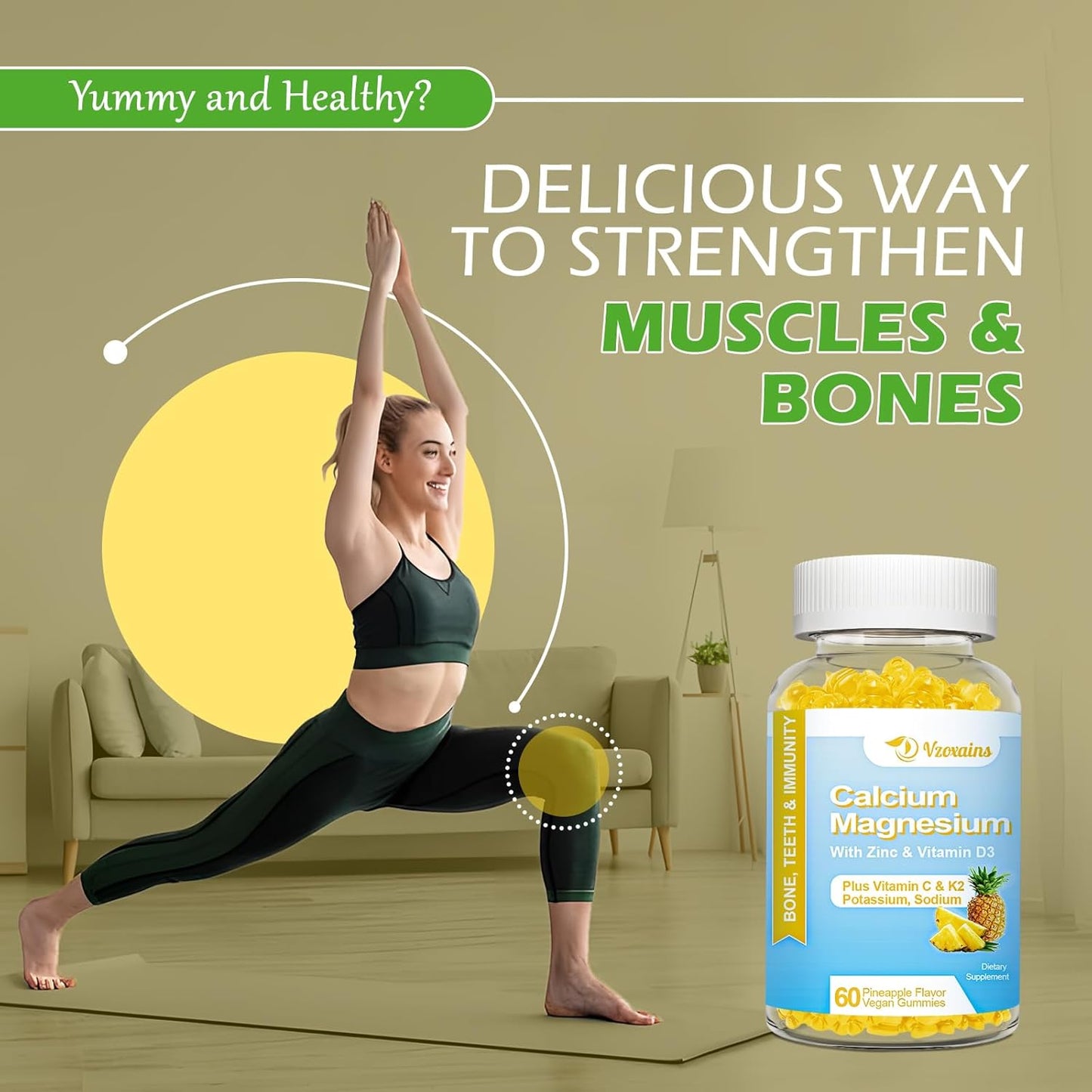 Sugar-Free High Absorption Calcium Gummies with Vitamin D3 for Bone Strength - Vegan Pineapple Flavor - 120 Count