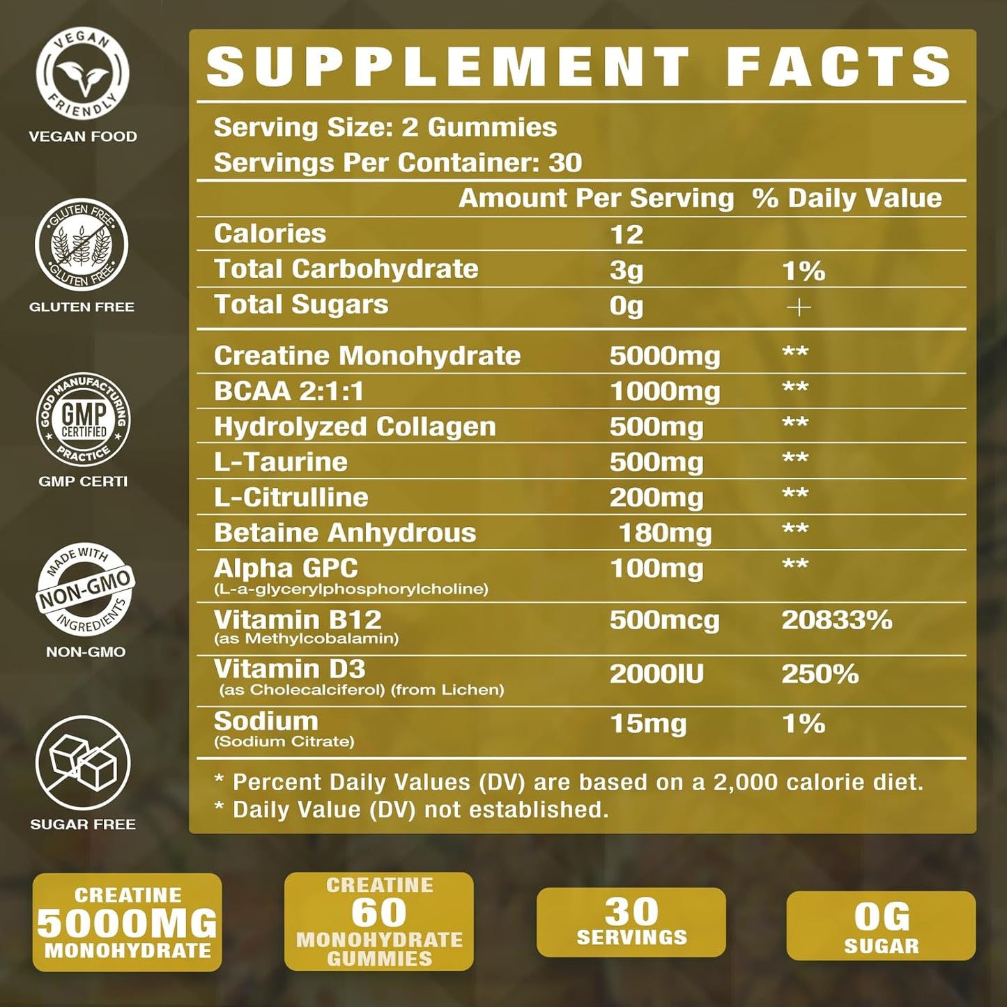 Sugar-Free Hydrolyzed Collagen & Creatine Gummies with Vitamins D3 & B12 - 120 Count - Muscle Strength Enhancing Workout Supplement for Men & Women