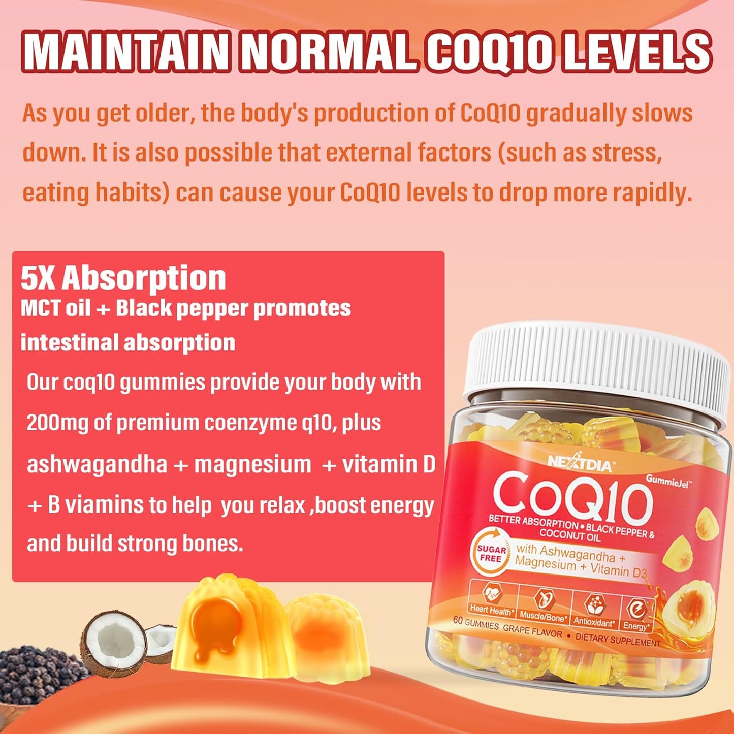 Sugar Free Immune Support Gummies with Vitamin C, D3, Zinc, and CoQ10 - 200mg