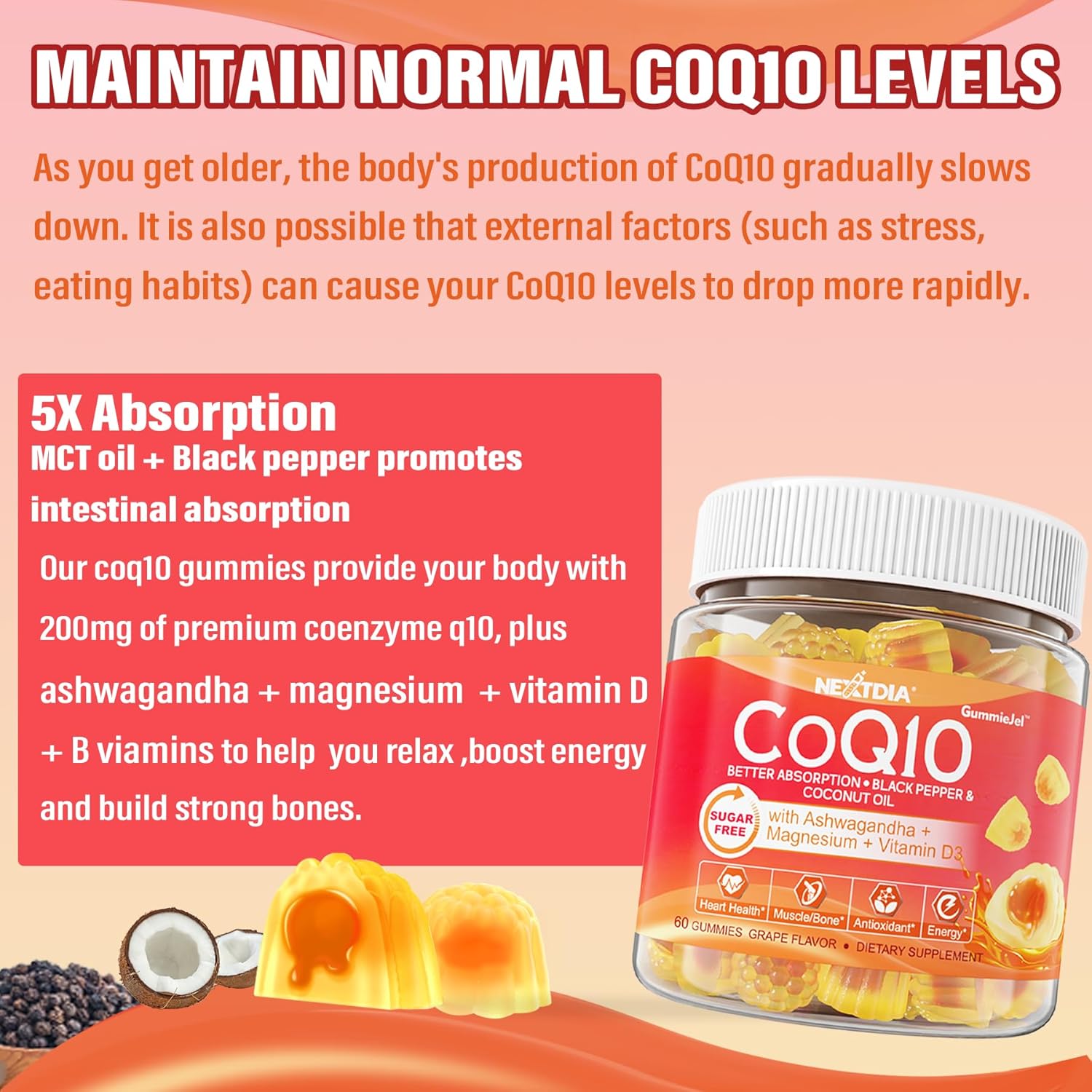 Sugar Free Immune Support Gummies with Vitamin C, D3, Zinc, and CoQ10 - 200mg