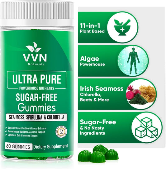 Sugar-Free Irish Sea Moss Gummies with Chlorella & Spirulina for Immune Support - Keto & Alkaline Supplement - 60 Vegan Gummies by VVN Naturals