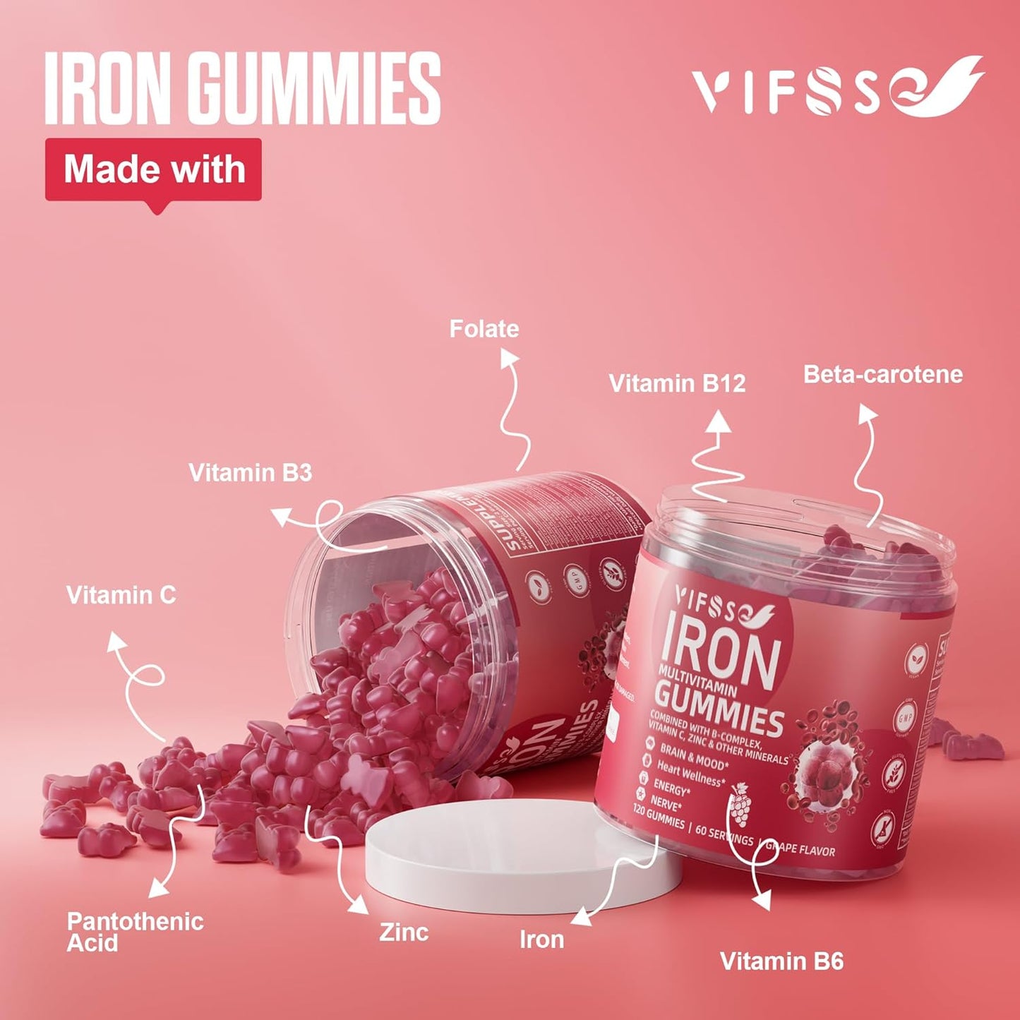 Sugar-Free Iron Gummies for Women, Men & Kids - 120 Grape Flavored Multivitamin Gummies with Iron, Vitamins, Zinc, and Folate for Energy - Vegan Formula with No Aftertaste