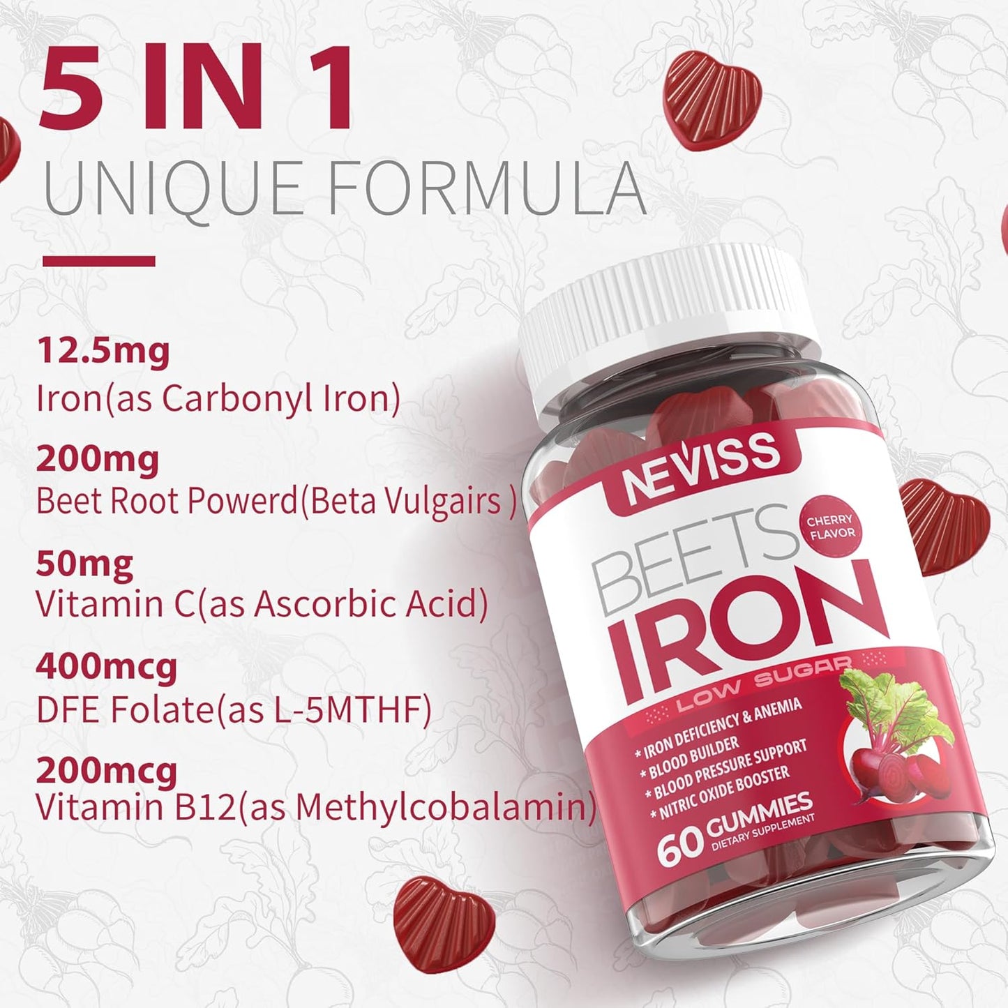 Sugar-Free Iron Gummies with Beet Root, Vitamin C, B12, Folate - Iron Deficiency Support - Non-Constipating - Vegan - 2 Pack