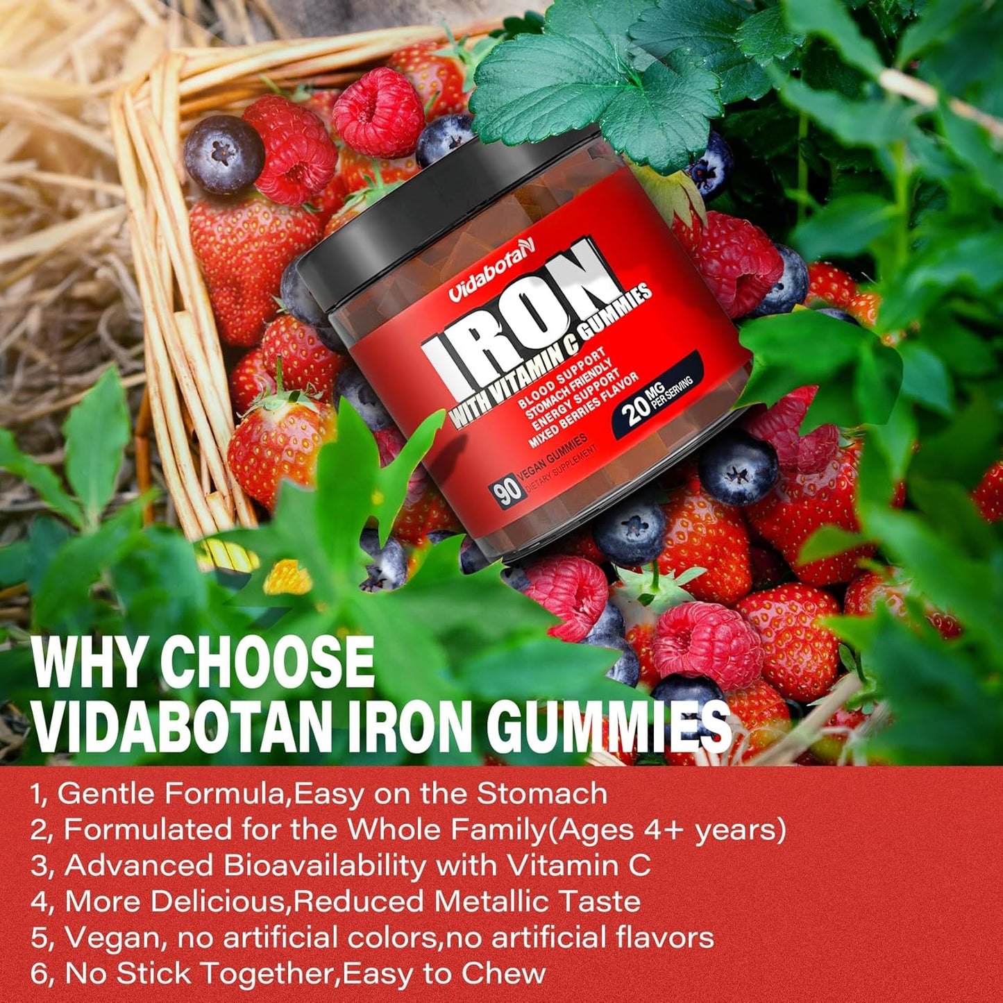 Sugar-Free Iron Gummies with Vitamin C - 20mg Iron Supplement for Men, Women, & Kids - Gentle on Stomach - Mixed Berries Flavor - 90 Vegan Gummies