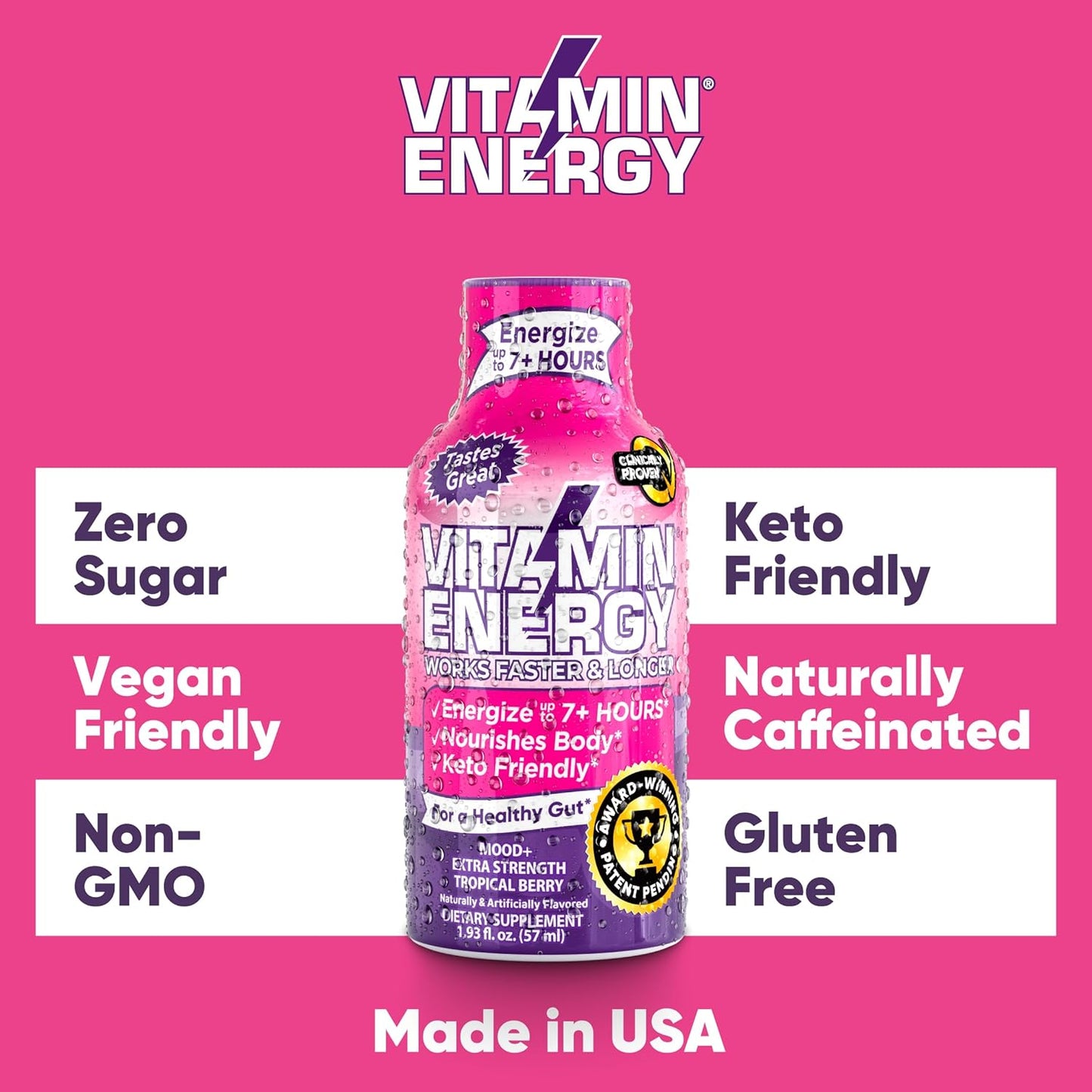 Sugar-Free Keto and Vegan Friendly Mood Support Energy Drink Shots with Rhodiola and Chamomile for 7+ Hours of Energy - Tropical Berry Flavor - 1.93 Fl Oz (Pack of 24)