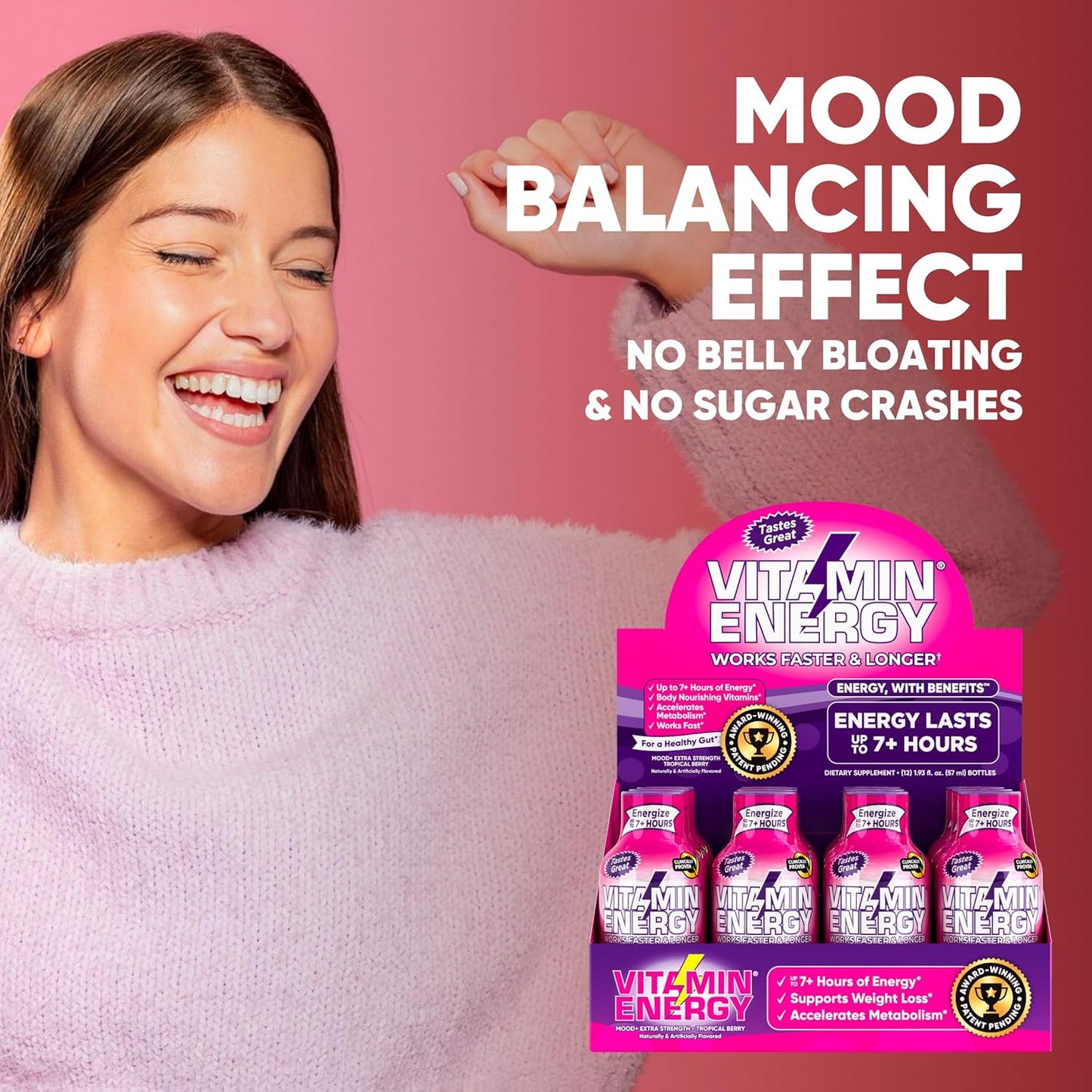 Sugar-Free Keto and Vegan Friendly Mood Support Energy Drink Shots with Rhodiola and Chamomile for 7+ Hours of Energy - Tropical Berry Flavor - 1.93 Fl Oz (Pack of 24)