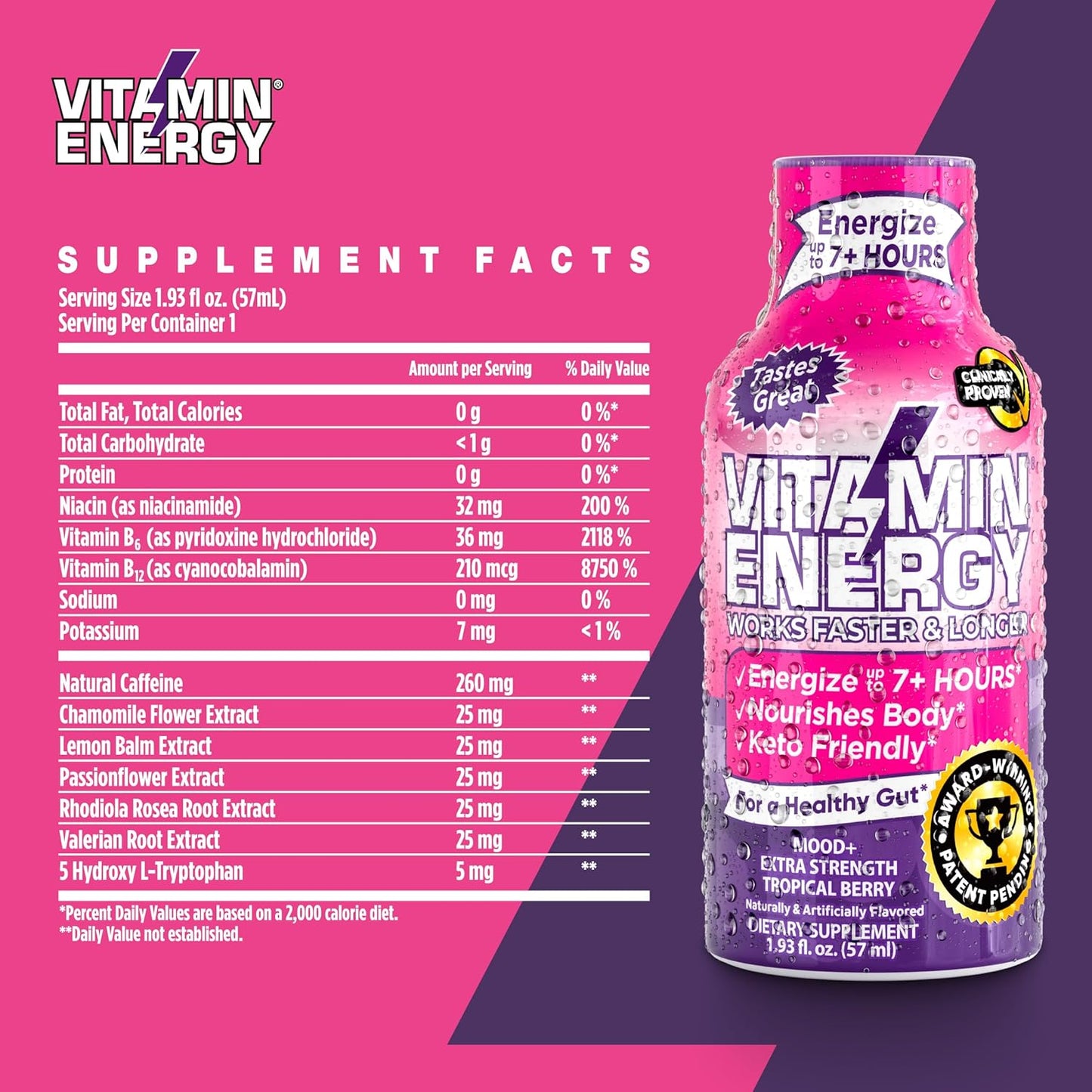 Sugar-Free Keto and Vegan Friendly Mood Support Energy Drink Shots with Rhodiola and Chamomile for 7+ Hours of Energy - Tropical Berry Flavor - 1.93 Fl Oz (Pack of 24)