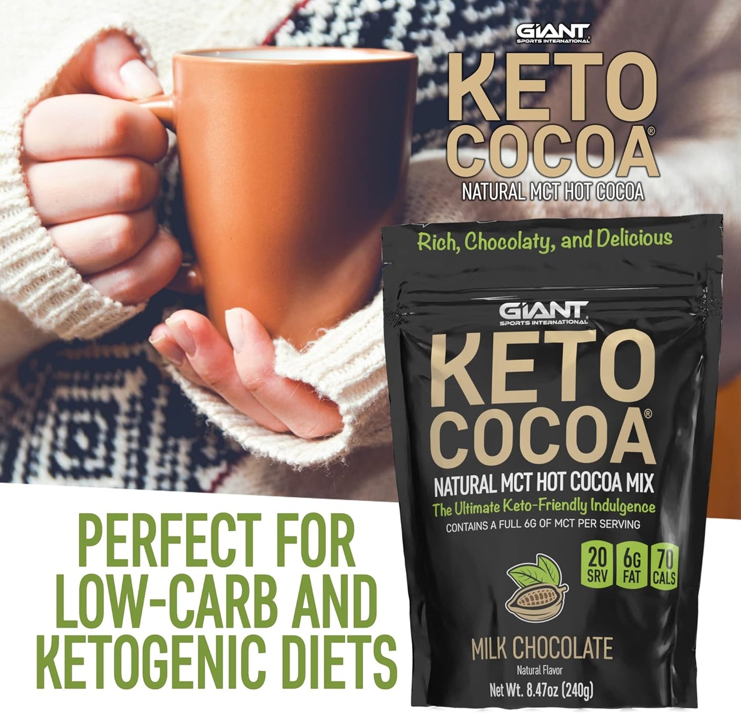 Sugar-Free Keto Hot Chocolate Mix with MCTs - Gluten-Free, 20 Servings