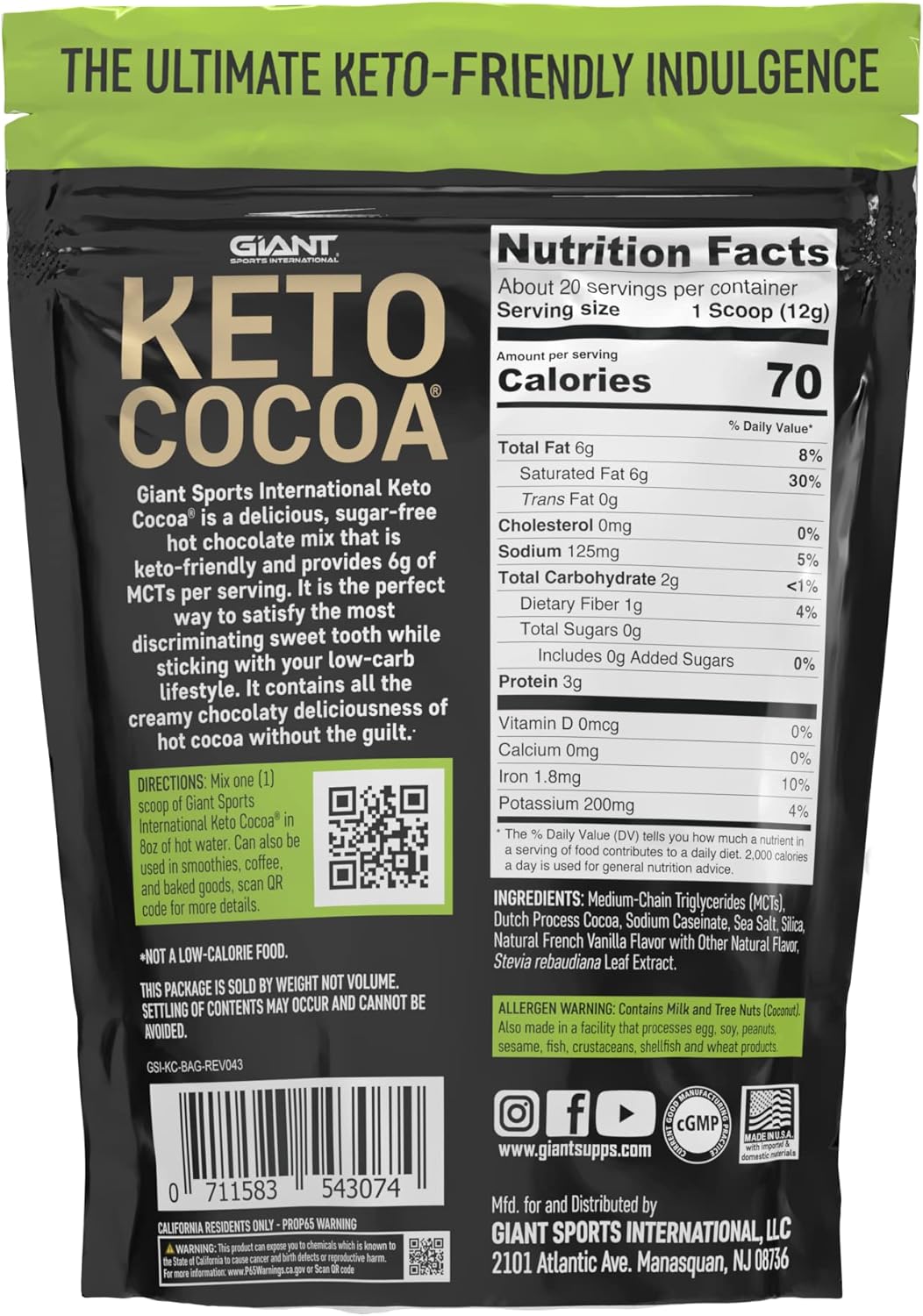Sugar-Free Keto Hot Chocolate Mix with MCTs - Gluten-Free, 20 Servings