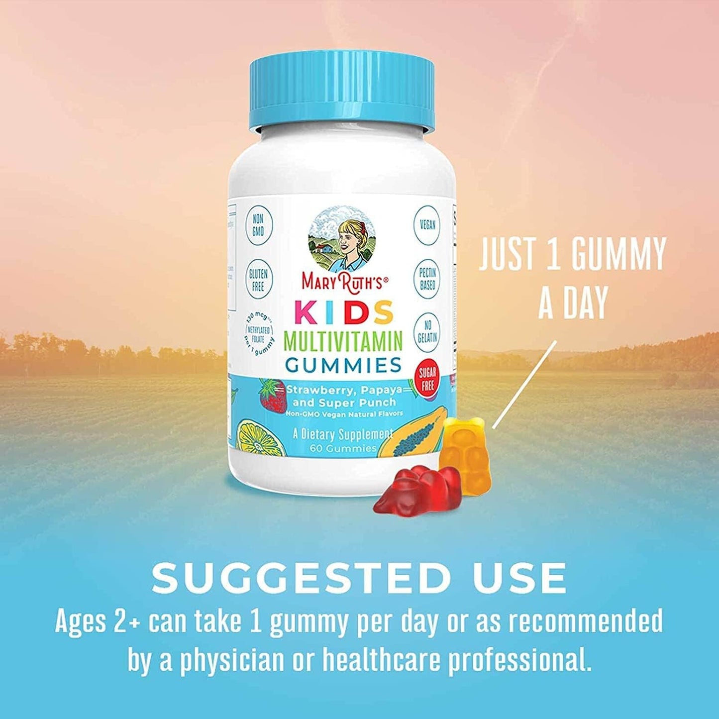 Sugar-Free Kids Multivitamin Gummies | 2-Month Supply | Ages 2+ | Essential Vitamins C, D3, Zinc | 60 Count x 2