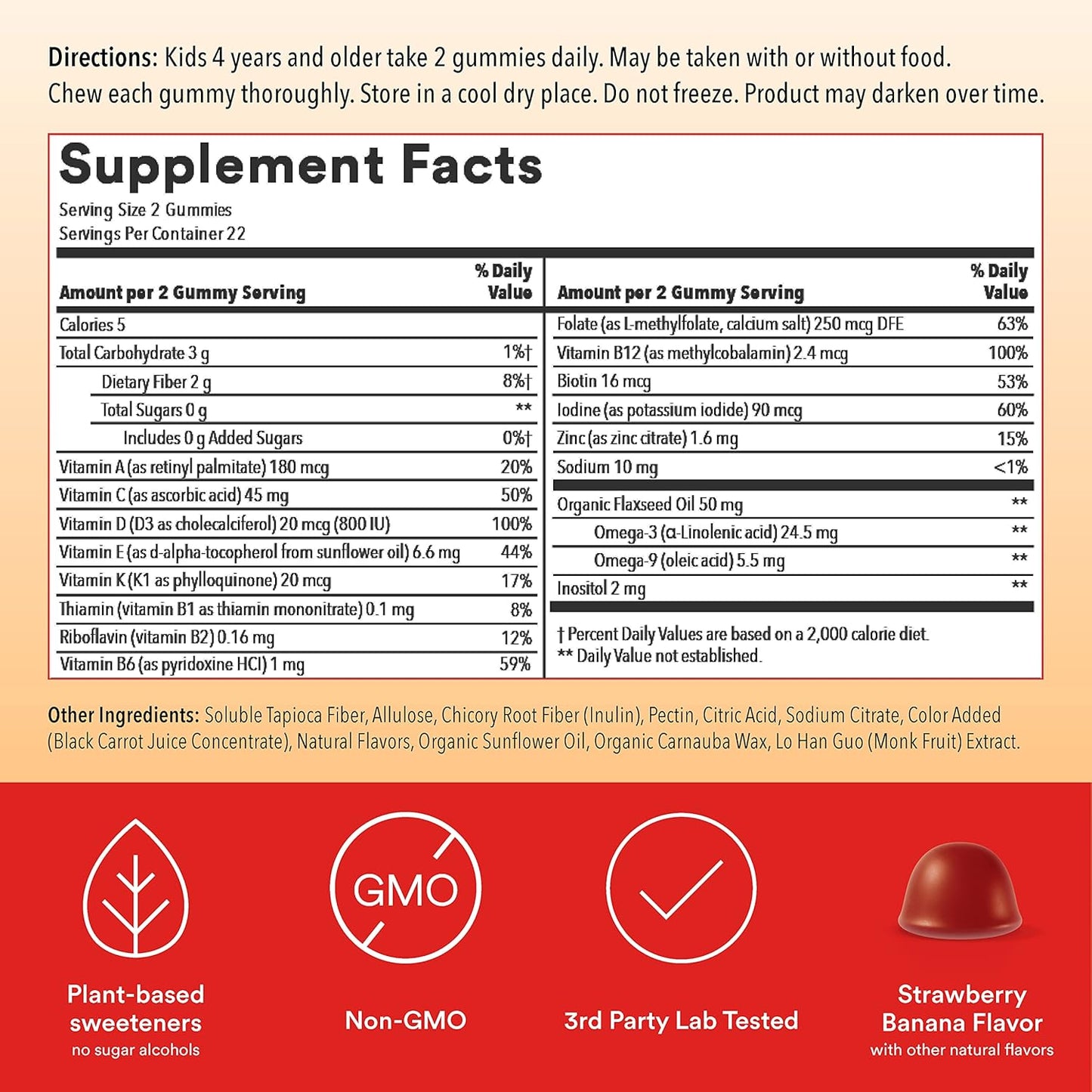Sugar-Free Kids Multivitamin Gummies with Omega 3 & Chillax Magnesium - Calm Chews for Kids 4+ - Sherbet Flavor - 50 Count