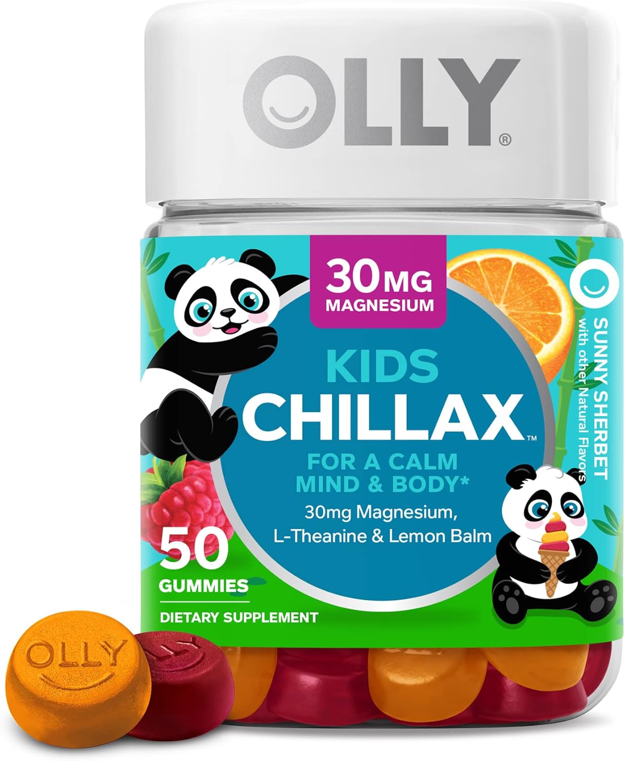 Sugar-Free Kids Multivitamin Gummies with Omega 3 & Chillax Magnesium - Calm Chews for Kids 4+ - Sherbet Flavor - 50 Count