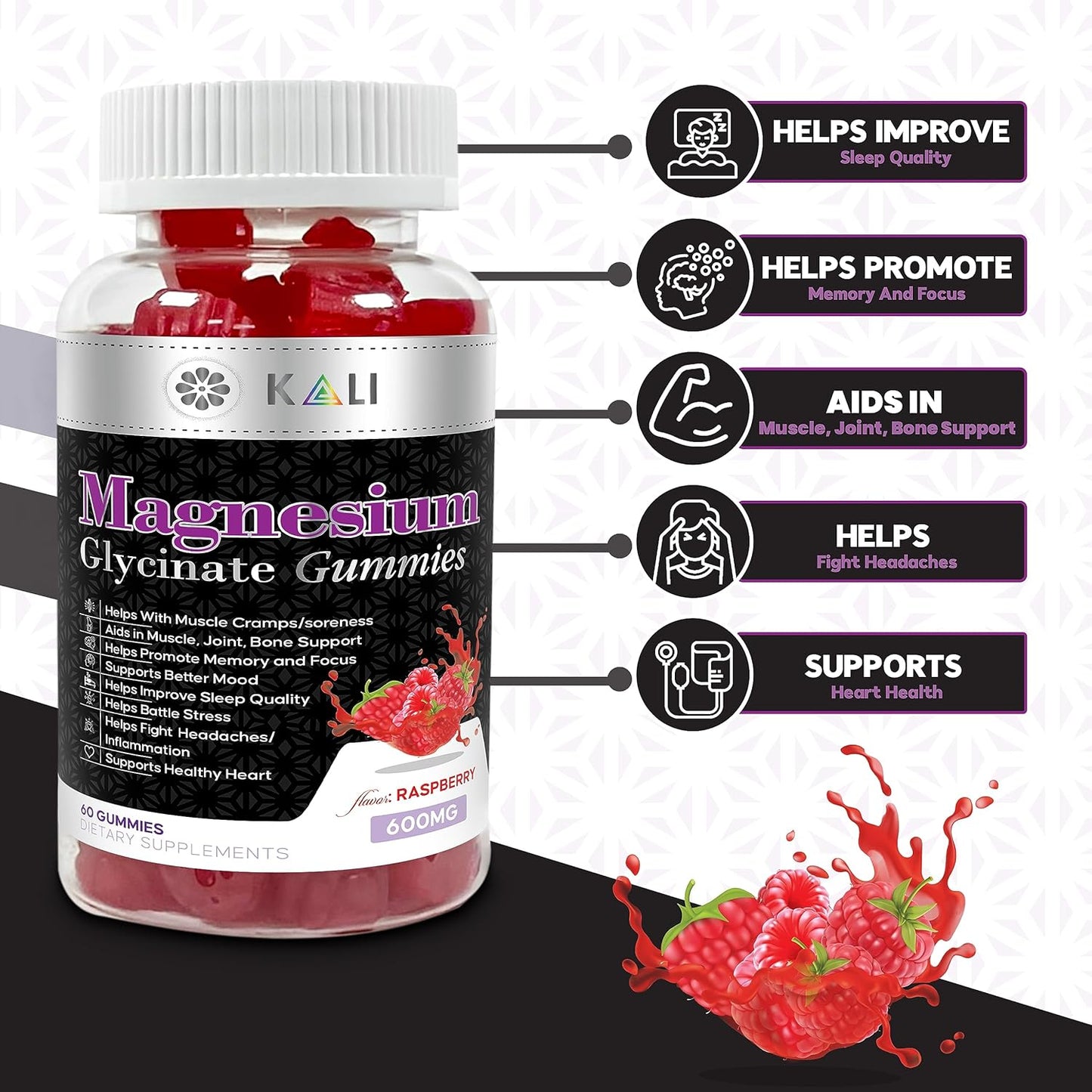 Sugar-Free KLI Magnesium Glycinate Gummies with L-Threonate - 600mg Complex for Better Sleep, Focus, and Stress Relief - 60 Raspberry Gummies