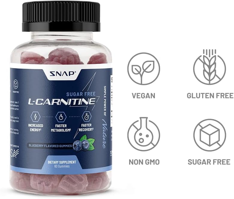 Sugar-Free L-Carnitine Gummies 500mg - Natural Pre Workout Supplement for Energy, Recovery, Metabolism Boost - Blueberry Flavor - 60 Gummies