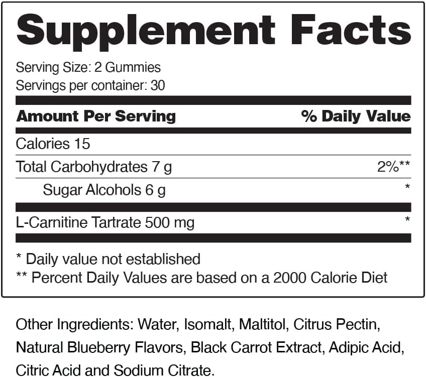 Sugar-Free L-Carnitine Gummies 500mg - Natural Pre Workout Supplement for Energy, Recovery, Metabolism Boost - Blueberry Flavor - 60 Gummies