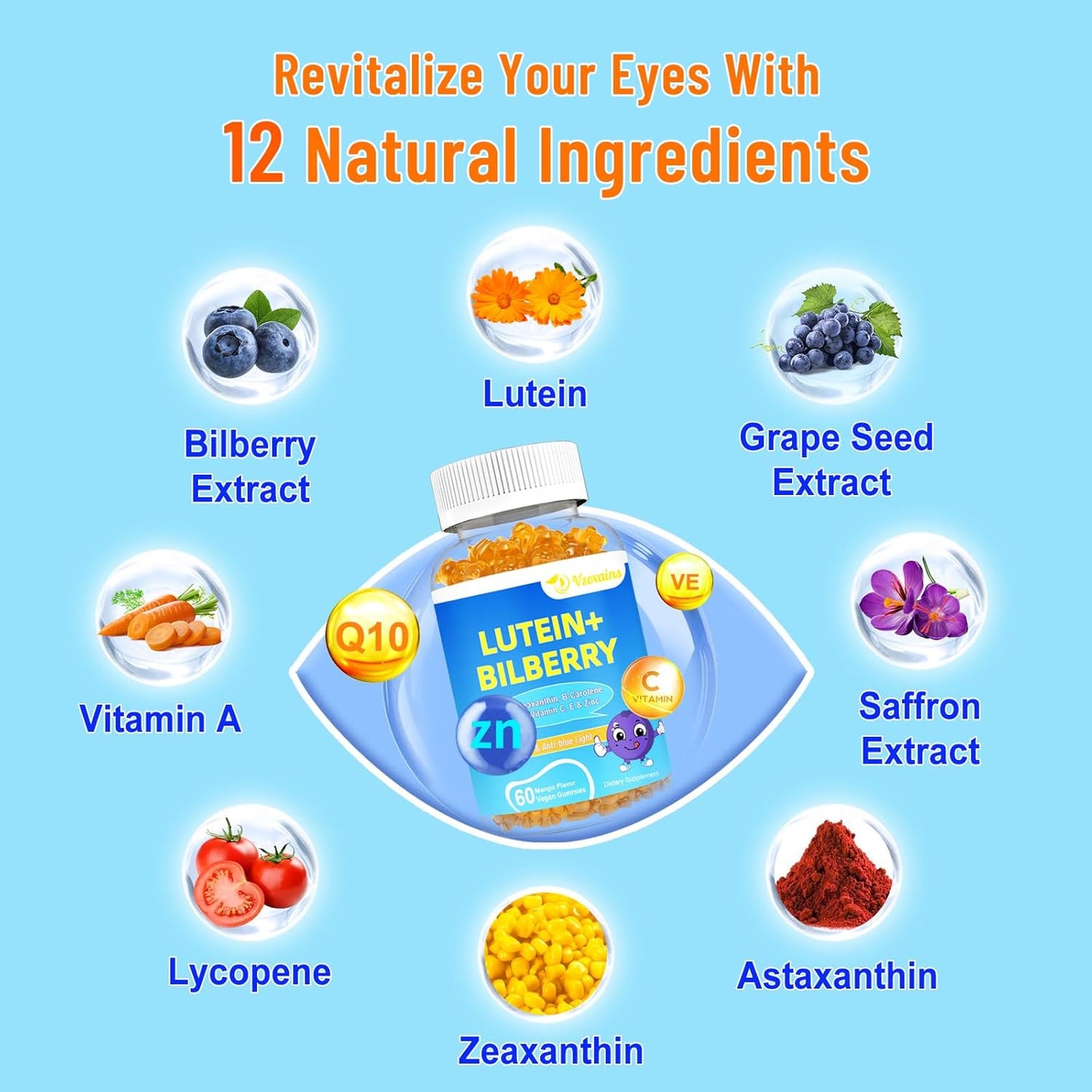 Sugar-Free Lutein & Zeaxanthin Gummies with Bilberry, Astaxanthin, Omega 3, Vitamin C & E - Eye Health Supplement for Adults & Kids - Dry Eye Relief & Macular Support