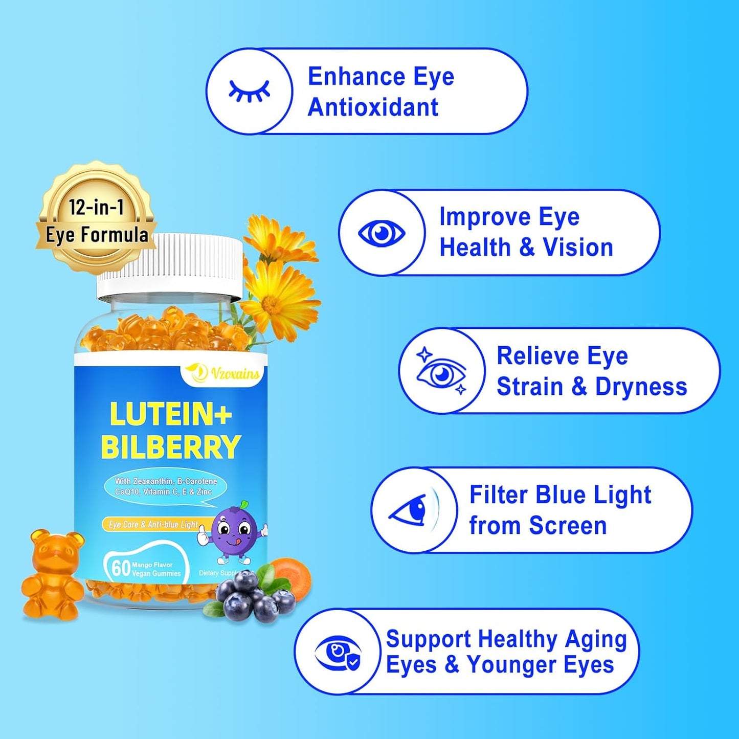 Sugar-Free Lutein & Zeaxanthin Gummies with Bilberry, Astaxanthin, Omega 3, Vitamin C & E - Eye Health Supplement for Adults & Kids - Dry Eye Relief & Macular Support