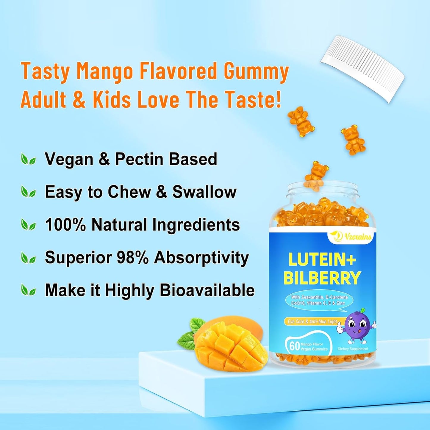 Sugar-Free Lutein & Zeaxanthin Gummies with Bilberry, Astaxanthin, Omega 3, Vitamin C & E - Eye Health Supplement for Adults & Kids - Dry Eye Relief & Macular Support