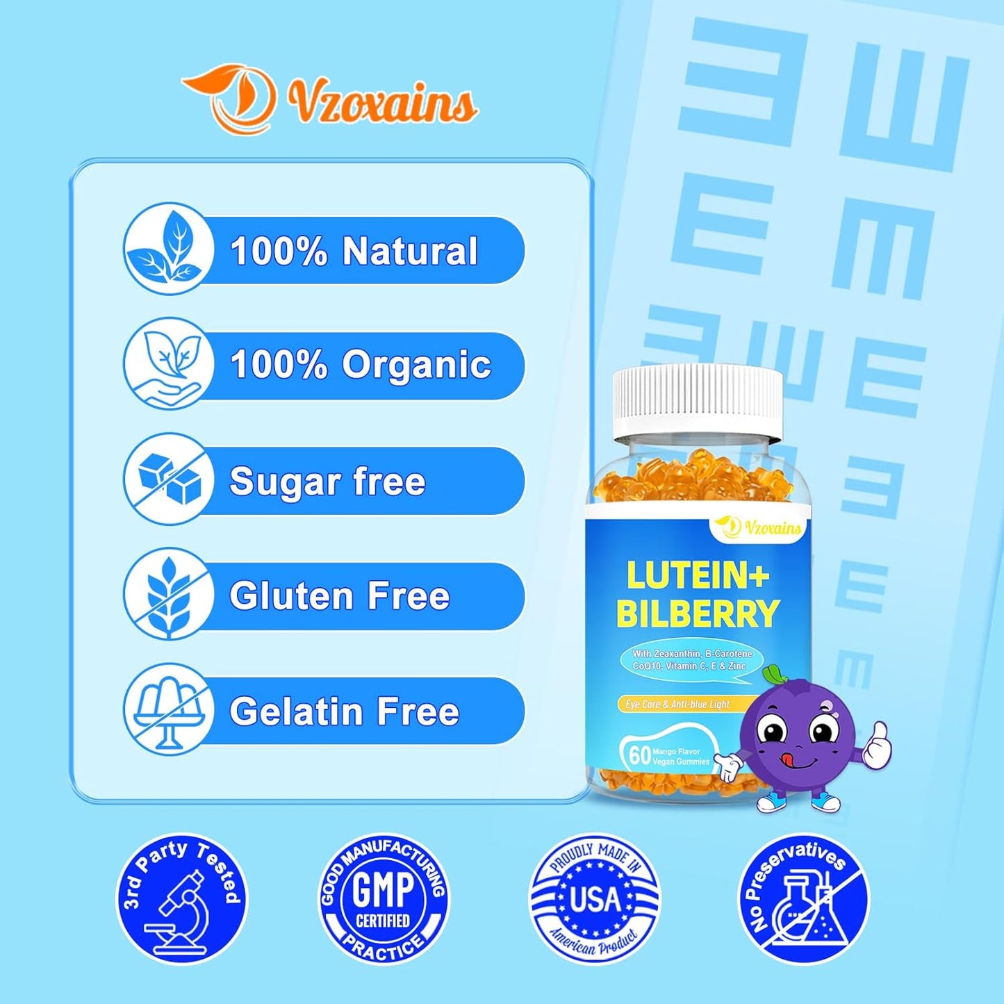 Sugar-Free Lutein & Zeaxanthin Gummies with Bilberry, Astaxanthin, Omega 3, Vitamin C & E - Eye Health Supplement for Adults & Kids - Dry Eye Relief & Macular Support