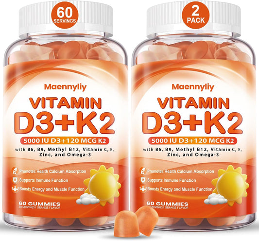 Sugar-Free Maennyliy Vitamin D3 K2 Gummies for Adults with Omega-3, B12, B9, B6, E & Zinc - Supports Calcium Absorption & Immune Health - D3 5000IU + K2 (MK-7) 120mcg