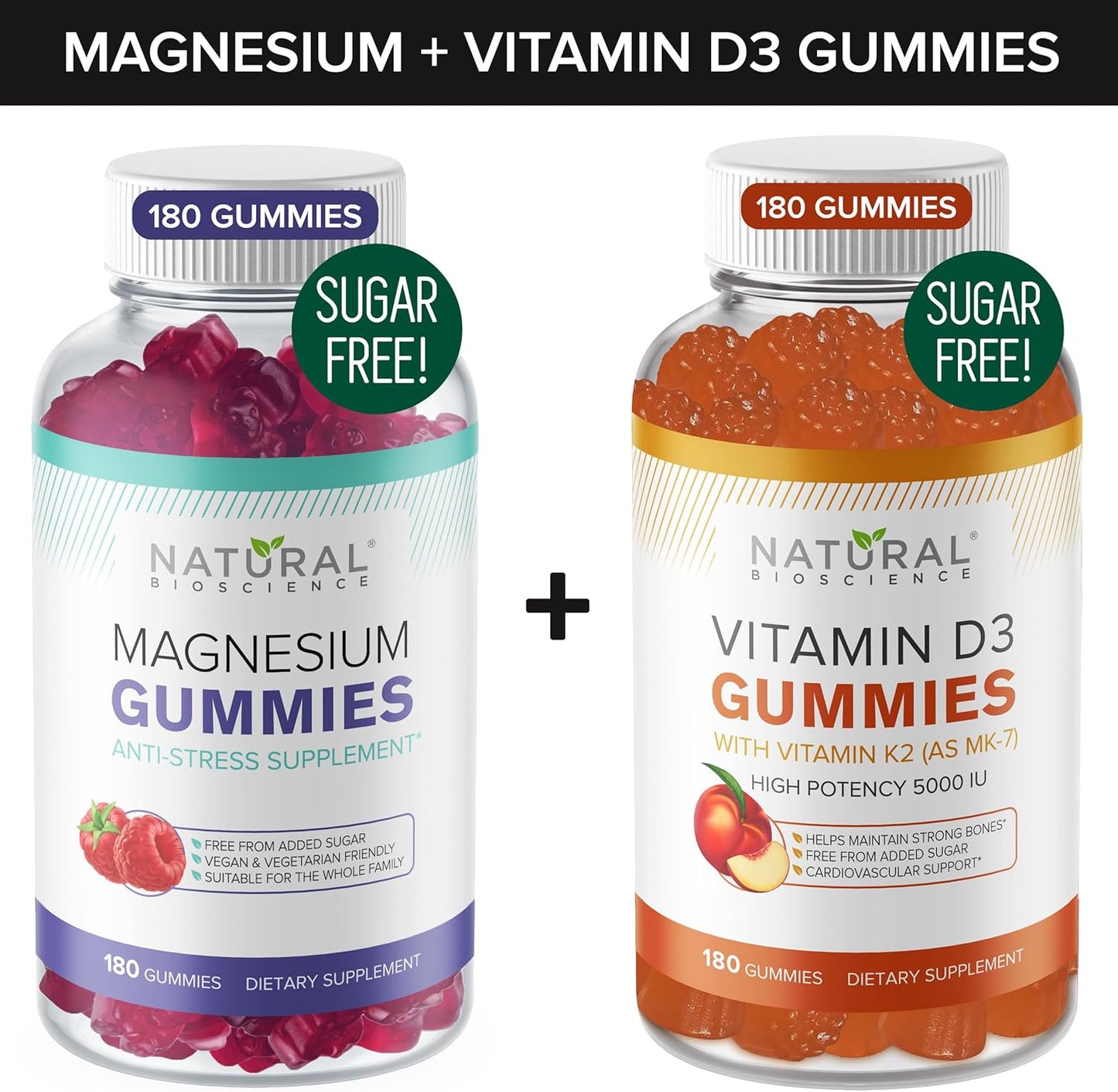 Sugar-Free Magnesium and Vitamin D Gummies Bundle (360 Gummies) - Immune Support & Relaxation, Gelatin-Free, Gluten-Free, Vegan, All Natural, GMO-Free, Kosher