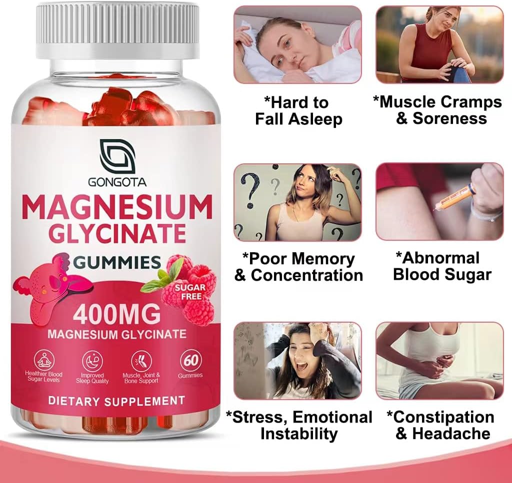 Sugar-Free Magnesium Glycinate Gummies 400mg with Potassium & Vitamins D, B6 - Supports Calm, Sleep, Memory & Muscle Cramps - 60 Gummies