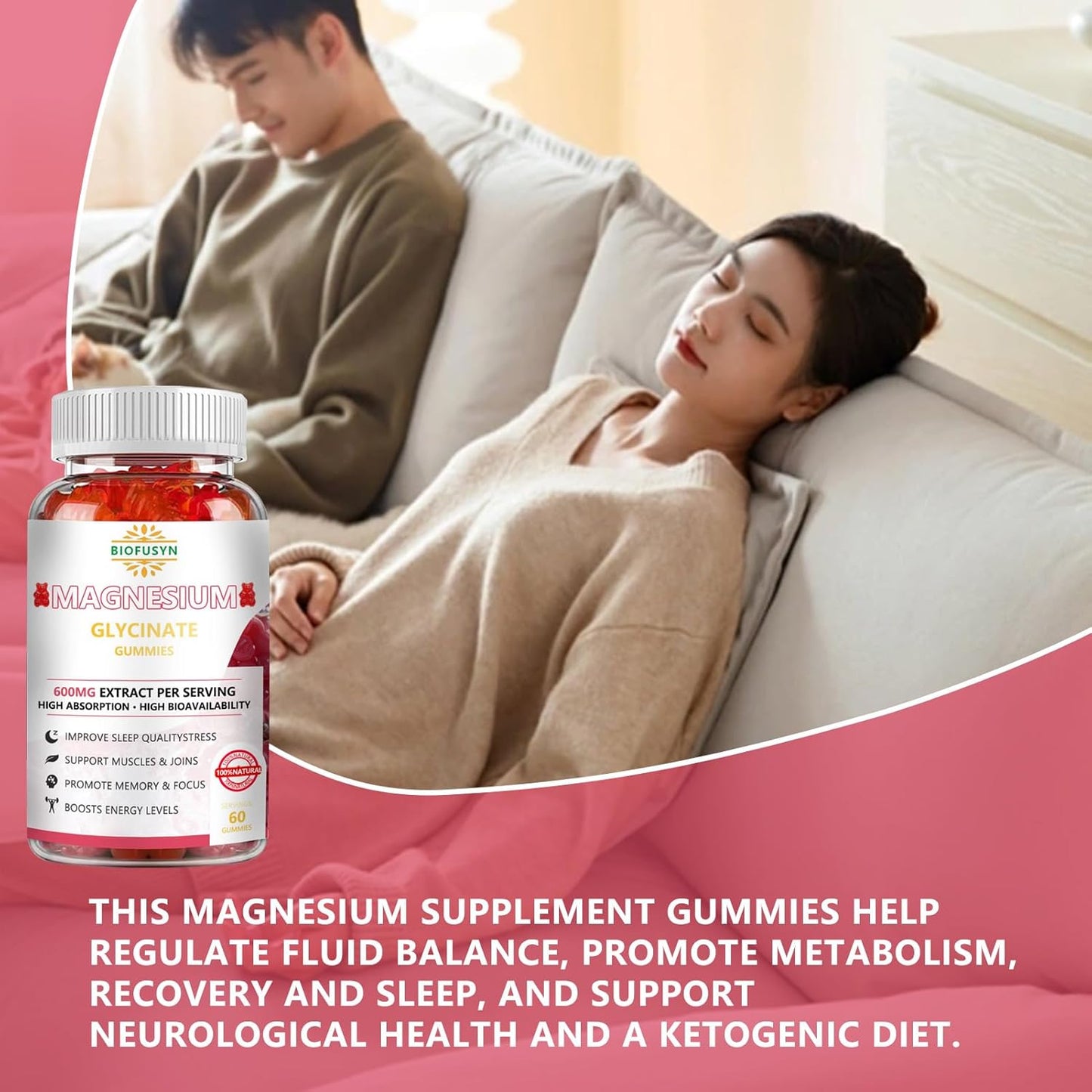 Sugar-Free Magnesium Glycinate Gummies 600mg with Vitamin D, B6, CoQ10 - Raspberry Flavor for Calm Support & Sleep - 60 Count