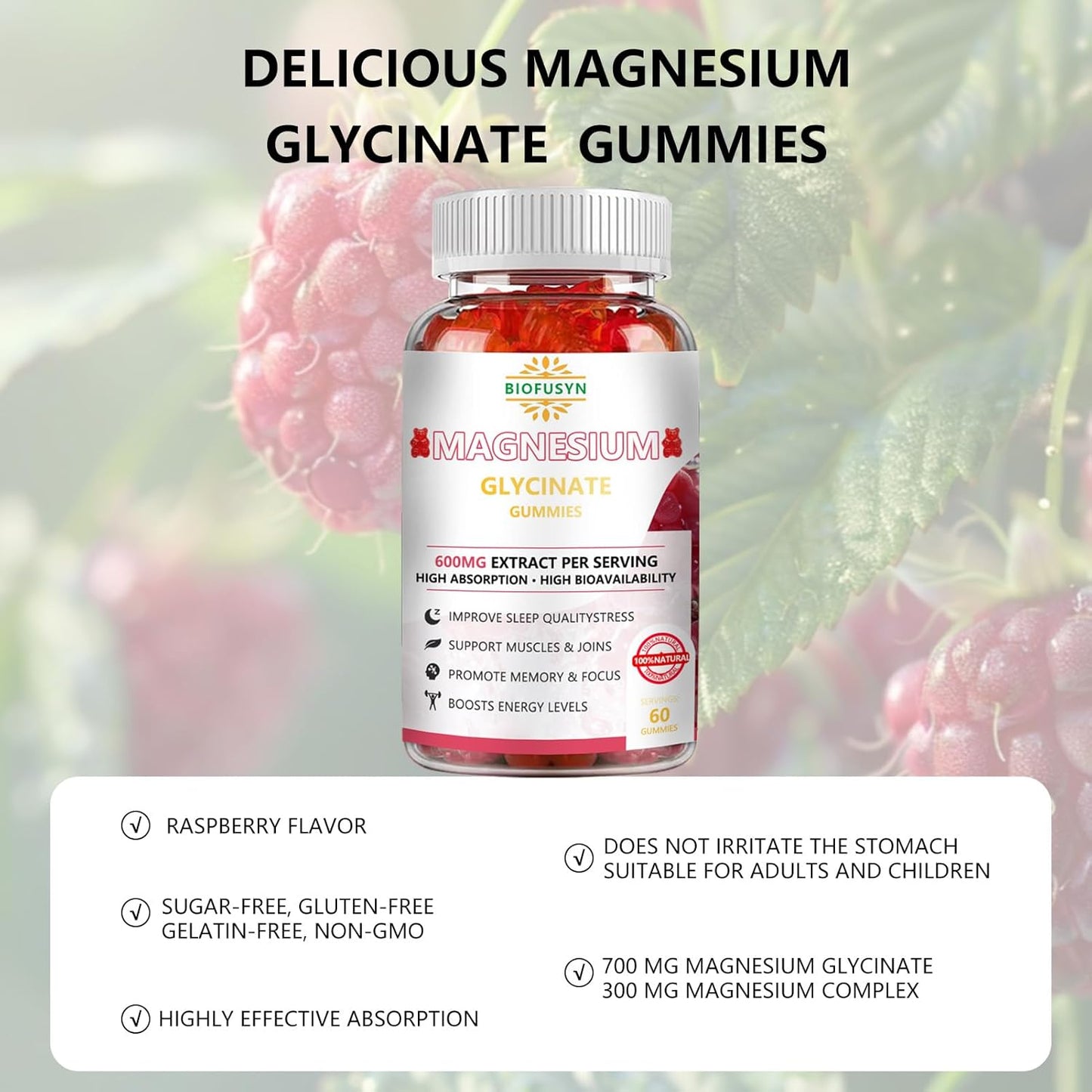 Sugar-Free Magnesium Glycinate Gummies 600mg with Vitamin D, B6, CoQ10 - Raspberry Flavor for Calm Support & Sleep - 60 Count