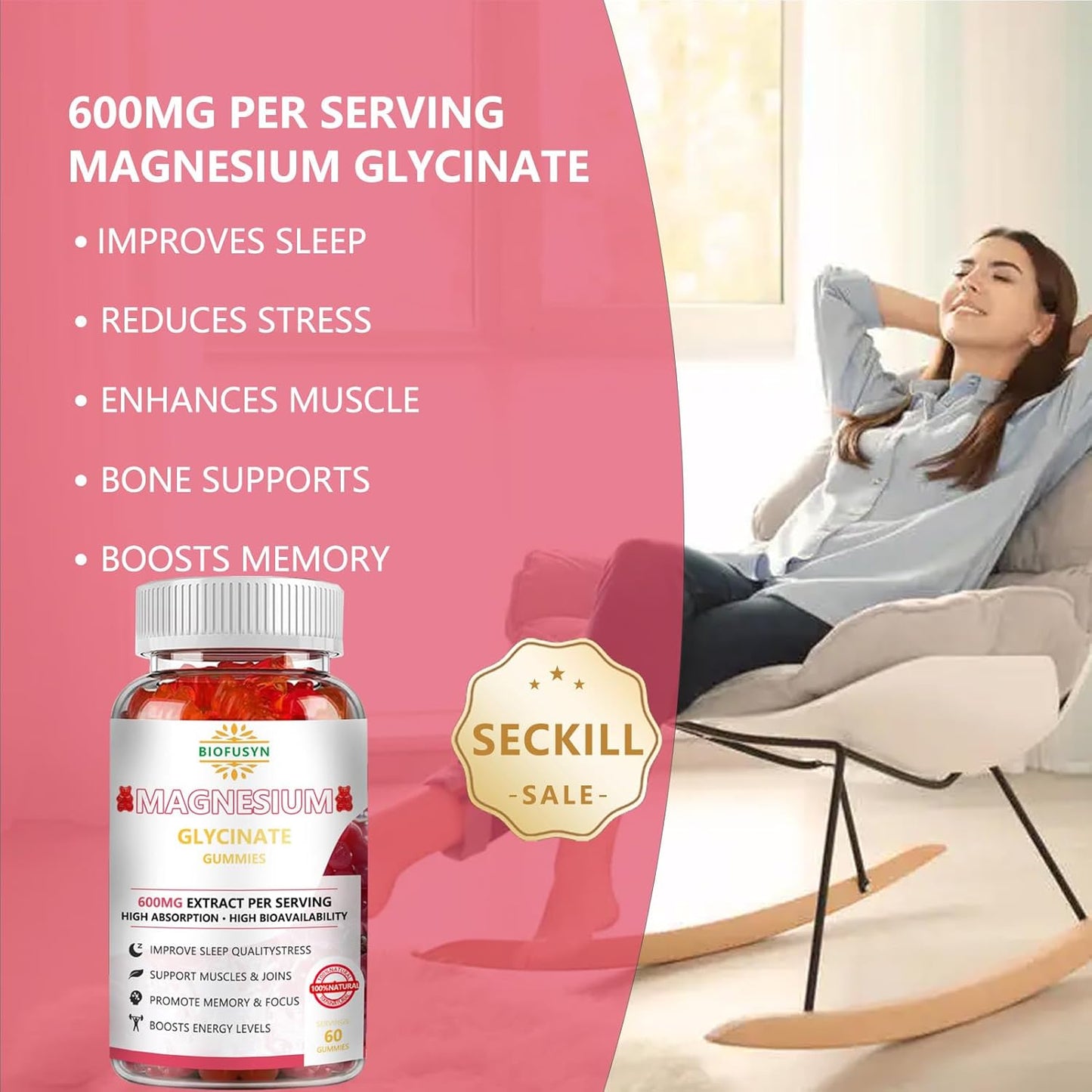 Sugar-Free Magnesium Glycinate Gummies 600mg with Vitamin D, B6, CoQ10 - Raspberry Flavor for Calm Support & Sleep - 60 Count
