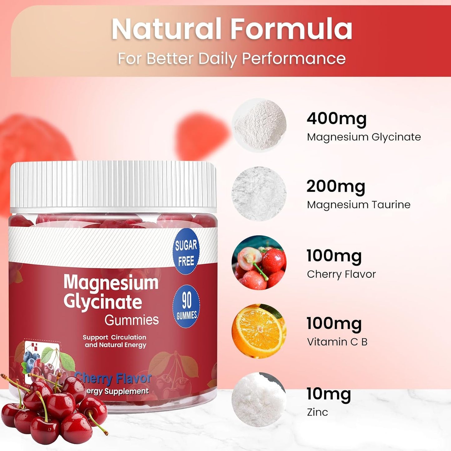 Sugar-Free Magnesium Glycinate Gummies for Adults - 90 Count Cherry Flavored Supplement with Taurate, Vitamin B, and Zinc for Energy and Relaxation