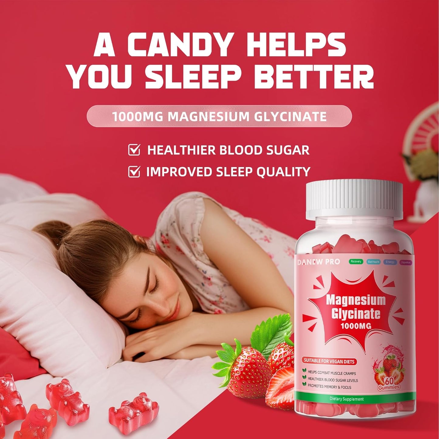 Sugar-Free Magnesium Glycinate Gummies with Vitamin D, B6, & CoQ10 - 1000mg Potassium Supplement for Calm Mood & Sleep Support - 120 Strawberry Gummies