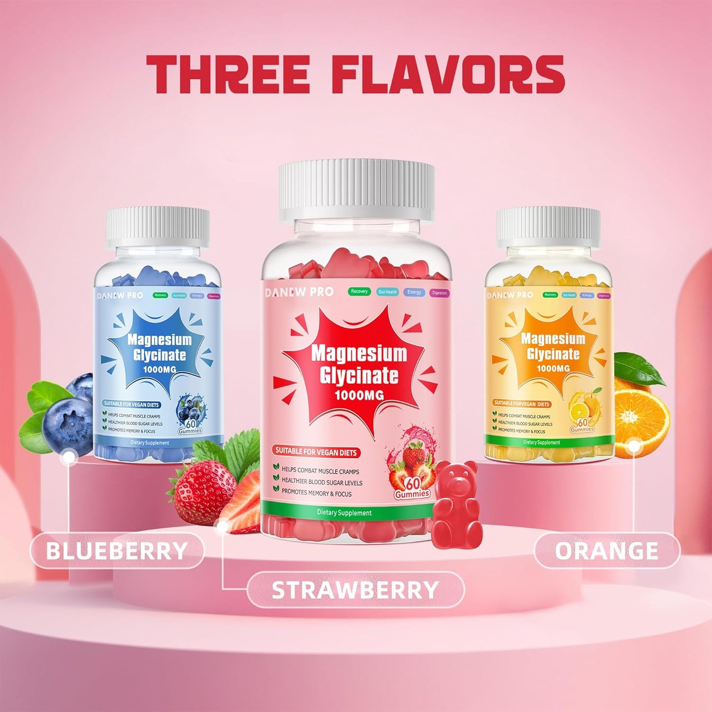 Sugar-Free Magnesium Glycinate Gummies with Vitamin D, B6, & CoQ10 - 1000mg Potassium Supplement for Calm Mood & Sleep Support - 120 Strawberry Gummies