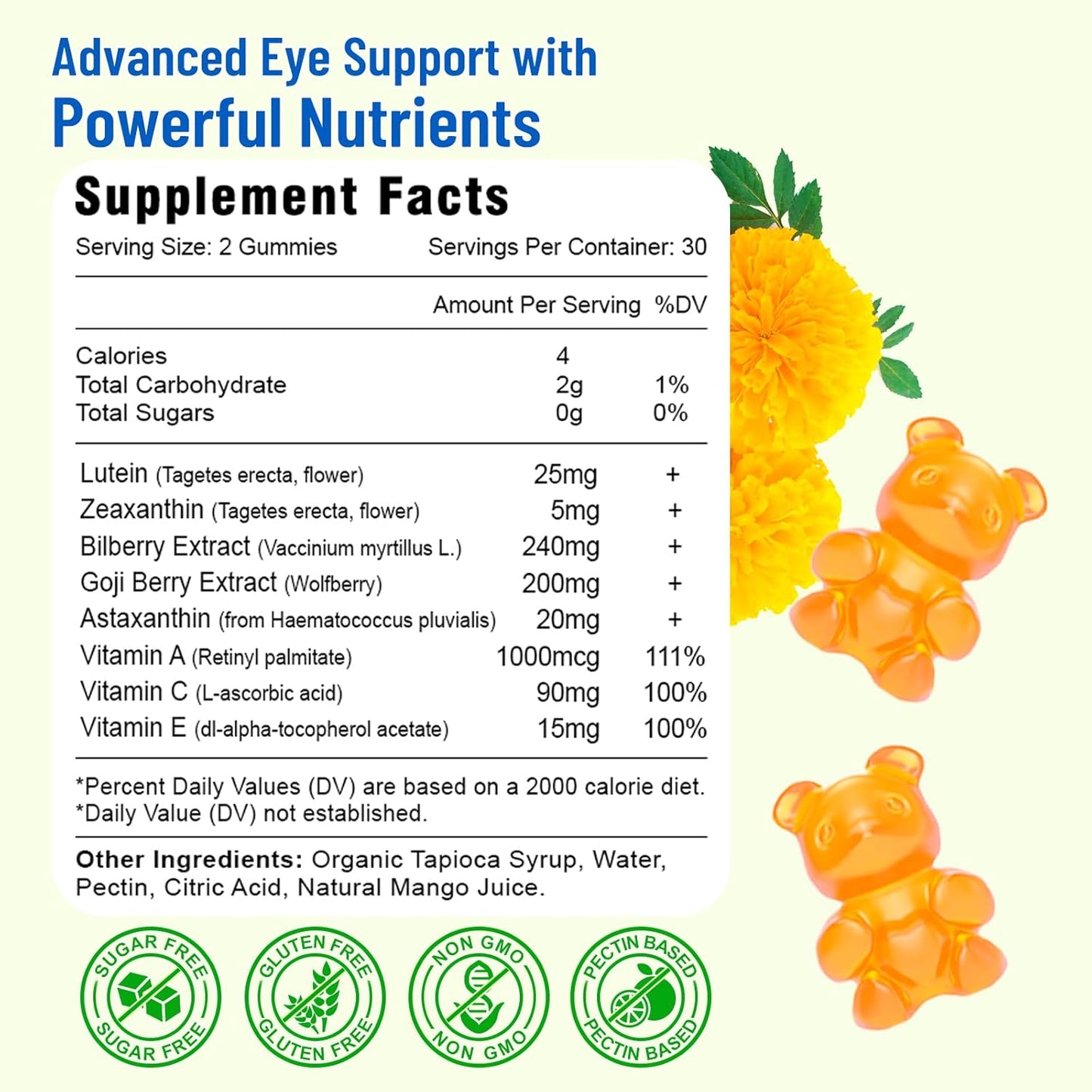 Sugar Free Mango Flavored Eye Health Gummies with Lutein, Zeaxanthin, Bilberry, and Astaxanthin - 120 Count