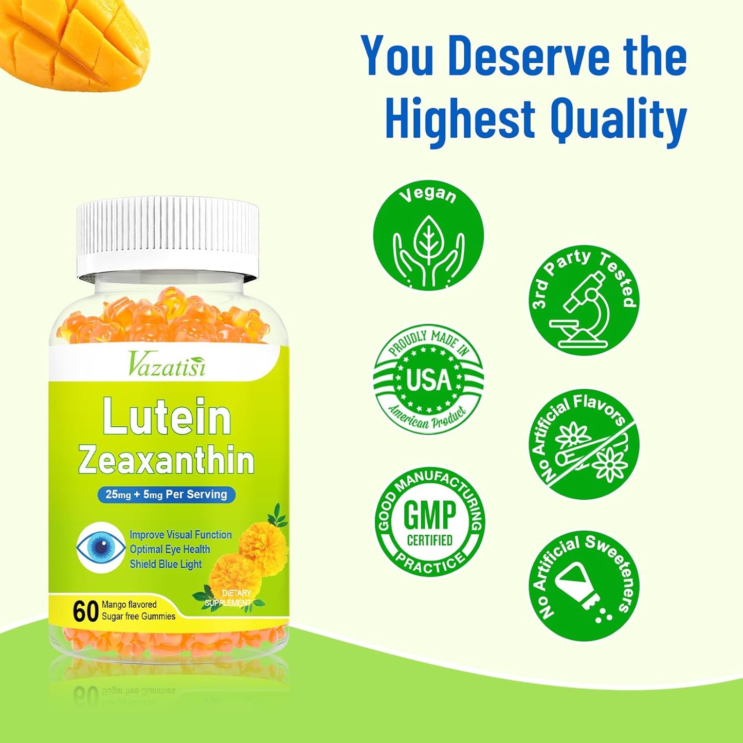 Sugar Free Mango Flavored Eye Health Gummies with Lutein, Zeaxanthin, Bilberry, and Astaxanthin - 120 Count
