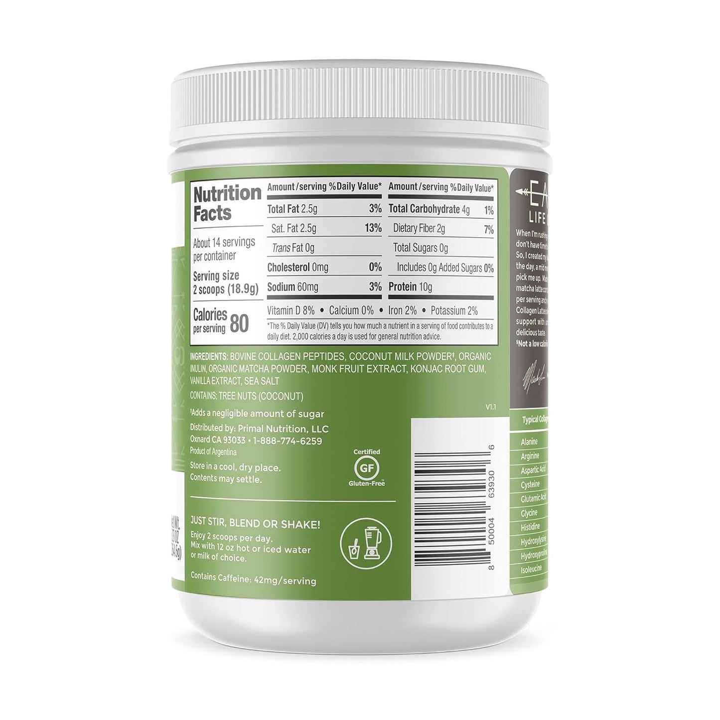 Sugar-Free Matcha Collagen Keto Latte Powder by Primal Kitchen - 9.33 Ounces