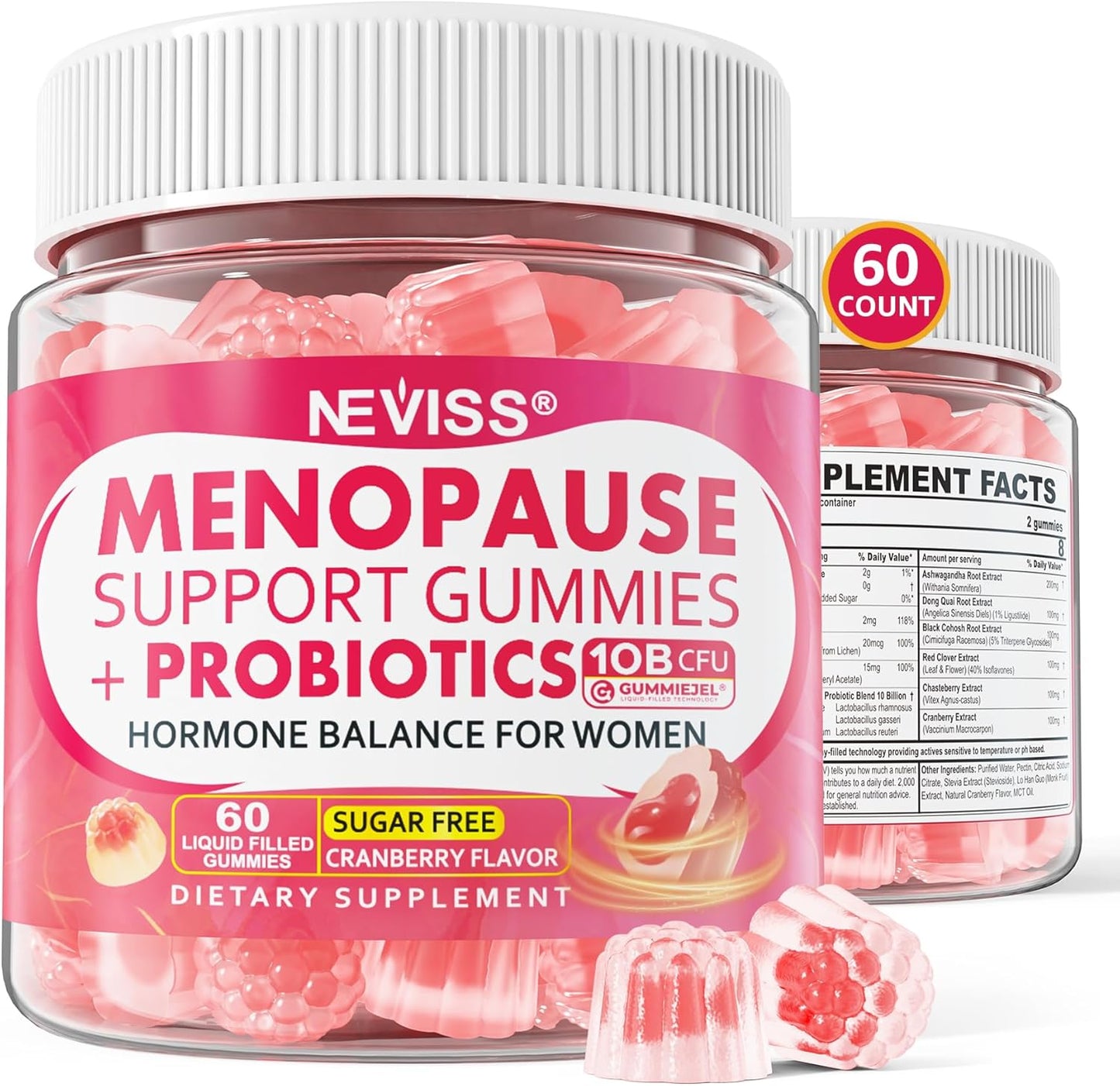 Sugar Free Menopause Gummies with Probiotics, Ashwagandha, Dong Quai & Black Cohosh for Women - Hot Flashes, Night Sweats, Mood Swings, Gut Health