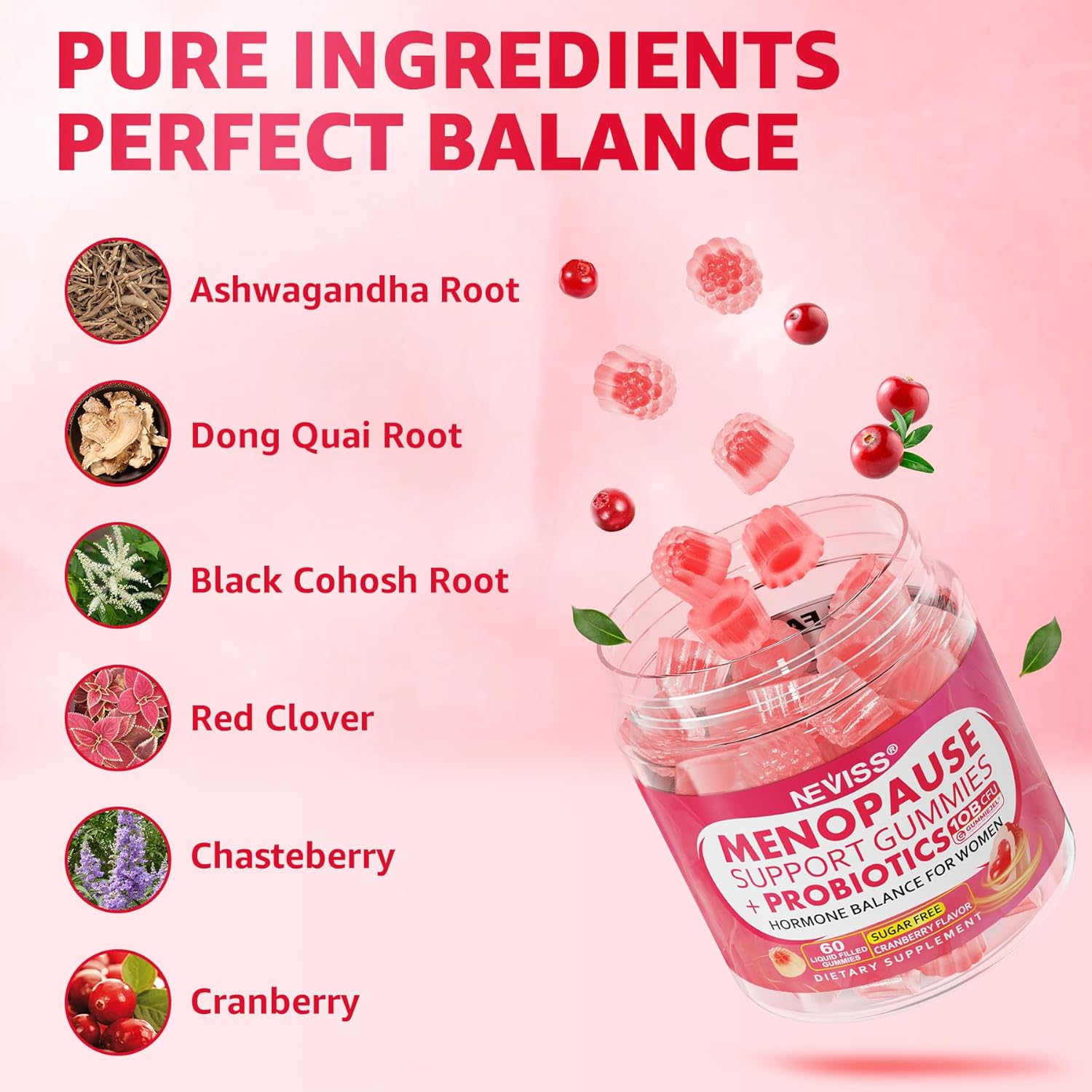 Sugar Free Menopause Gummies with Probiotics, Ashwagandha, Dong Quai & Black Cohosh for Women - Hot Flashes, Night Sweats, Mood Swings, Gut Health